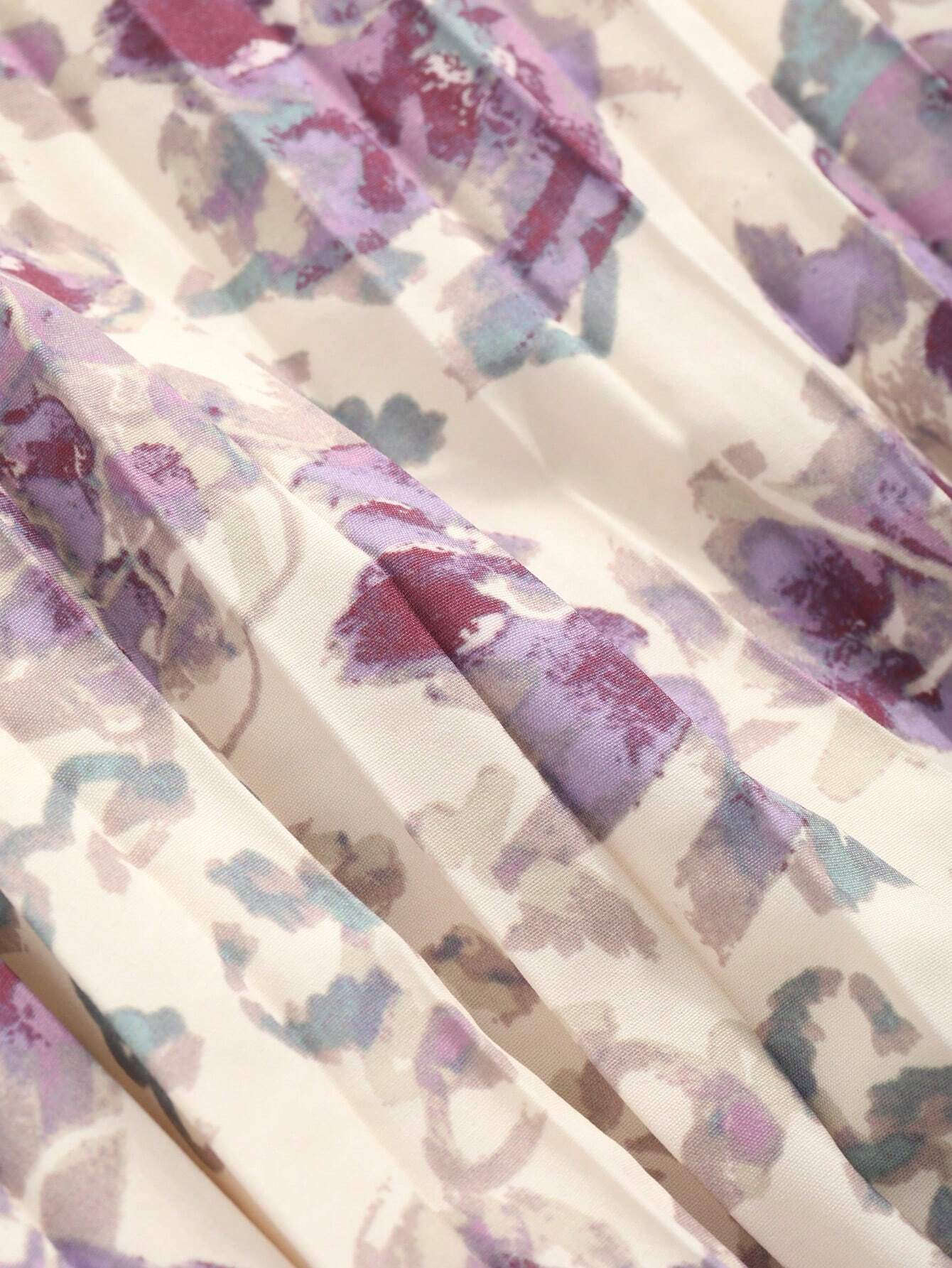 Flare Cream base with Purple & Lavender Floral Print Midi Dress