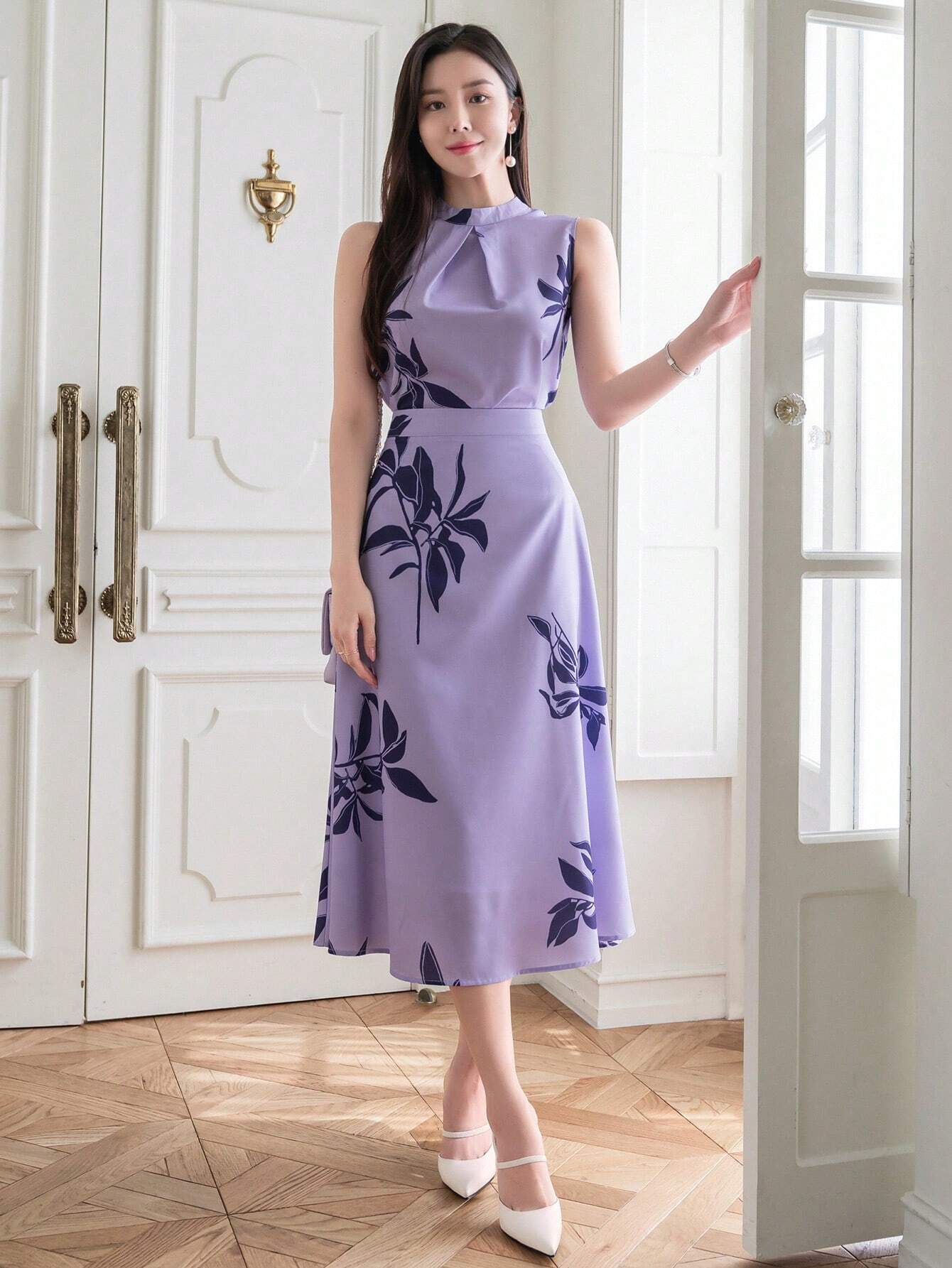 Lavender Grace Floral Midi Dress for Women