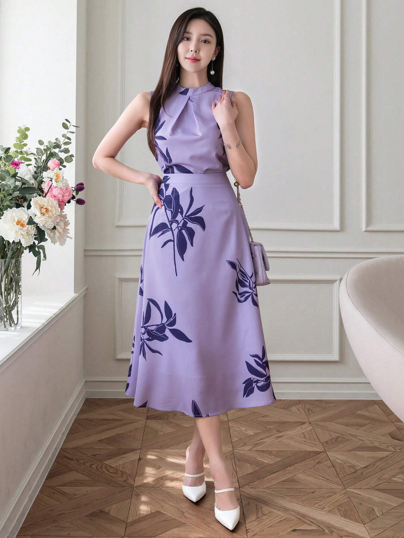 Lavender Grace Floral Midi Dress for Women