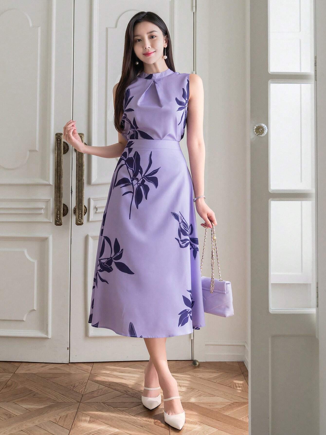 Lavender Grace Floral Midi Dress for Women