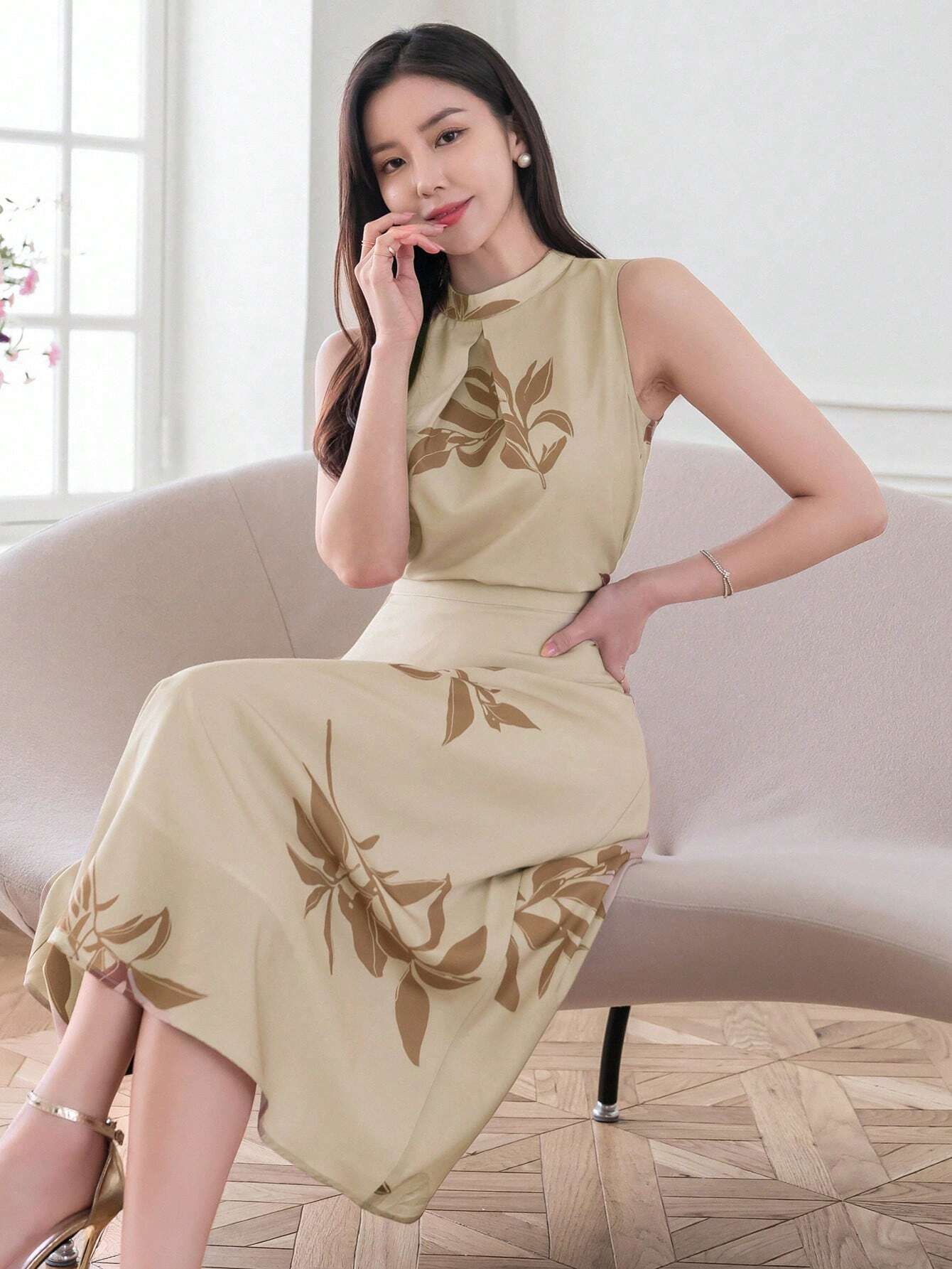 Golden Sand Beige Floral  high round neck design Midi Dress for Women