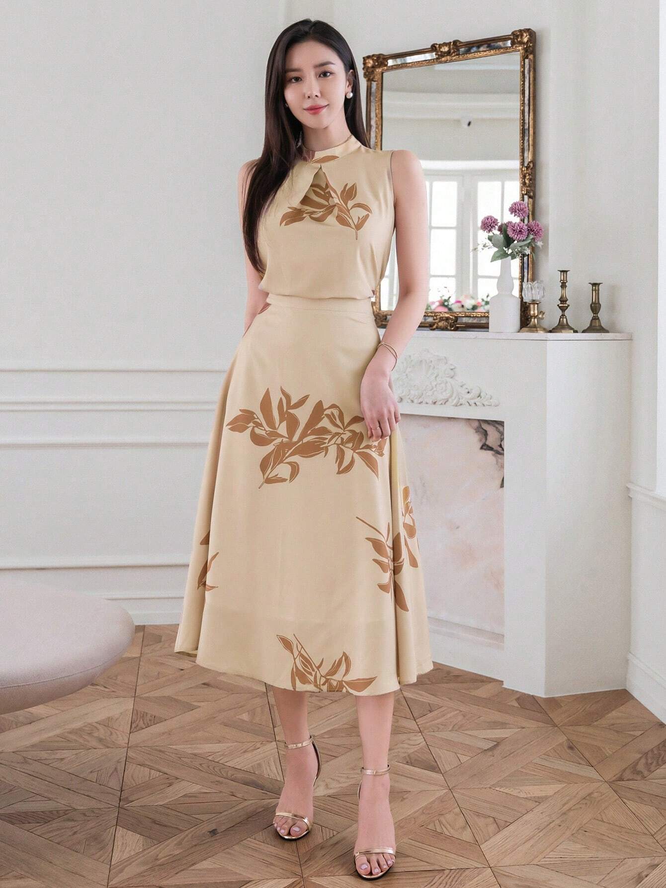 Golden Sand Beige Floral  high round neck design Midi Dress for Women