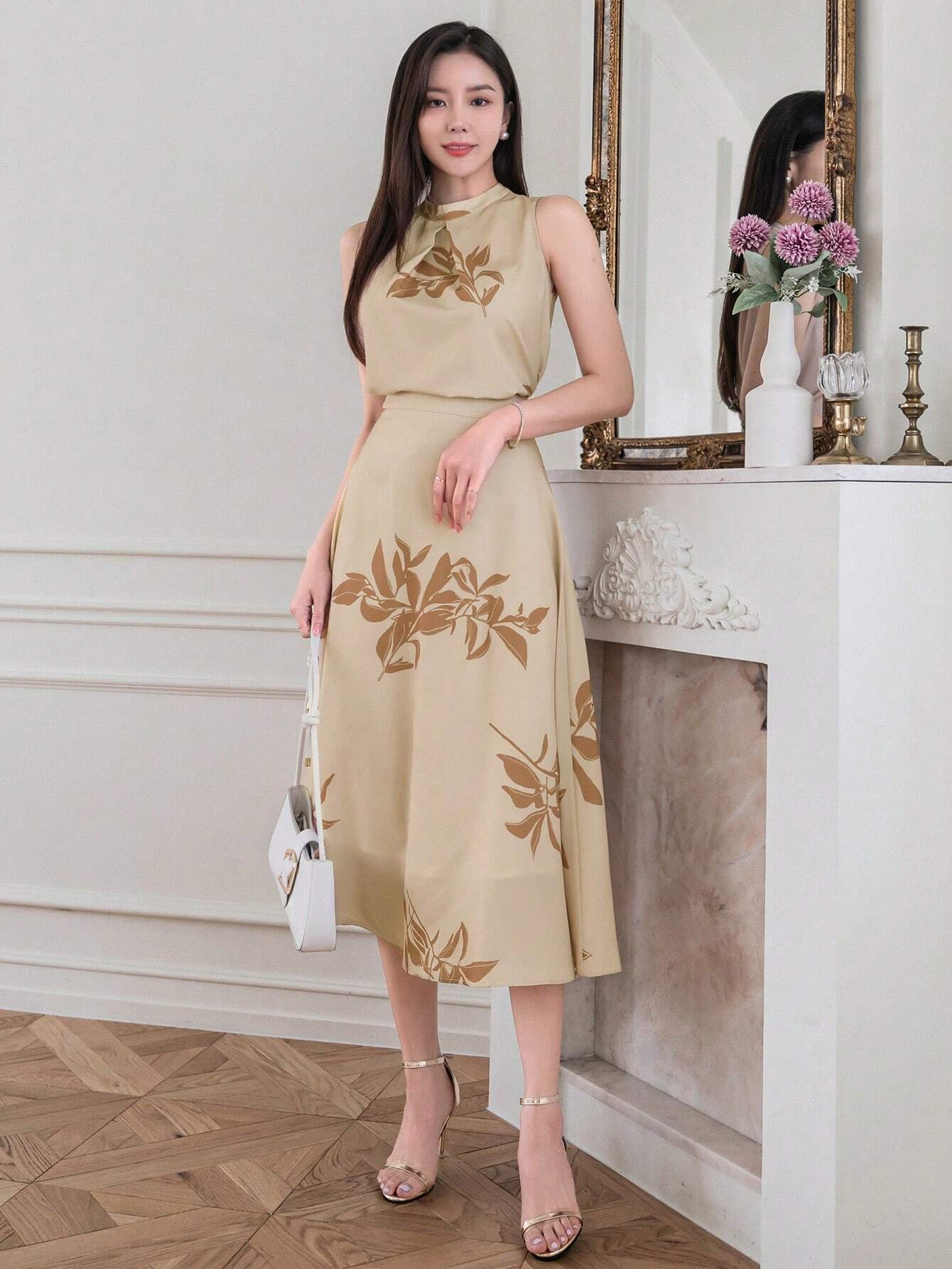 Golden Sand Beige Floral  high round neck design Midi Dress for Women