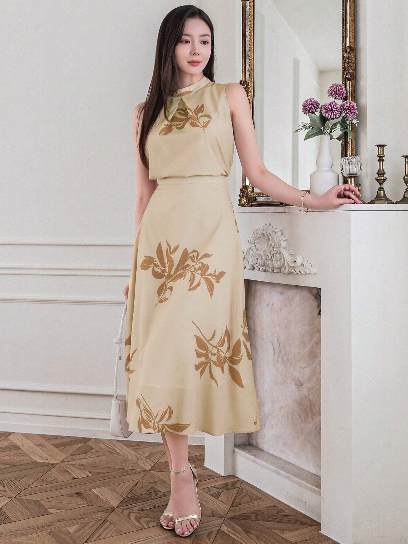 Golden Sand Beige Floral  high round neck design Midi Dress for Women
