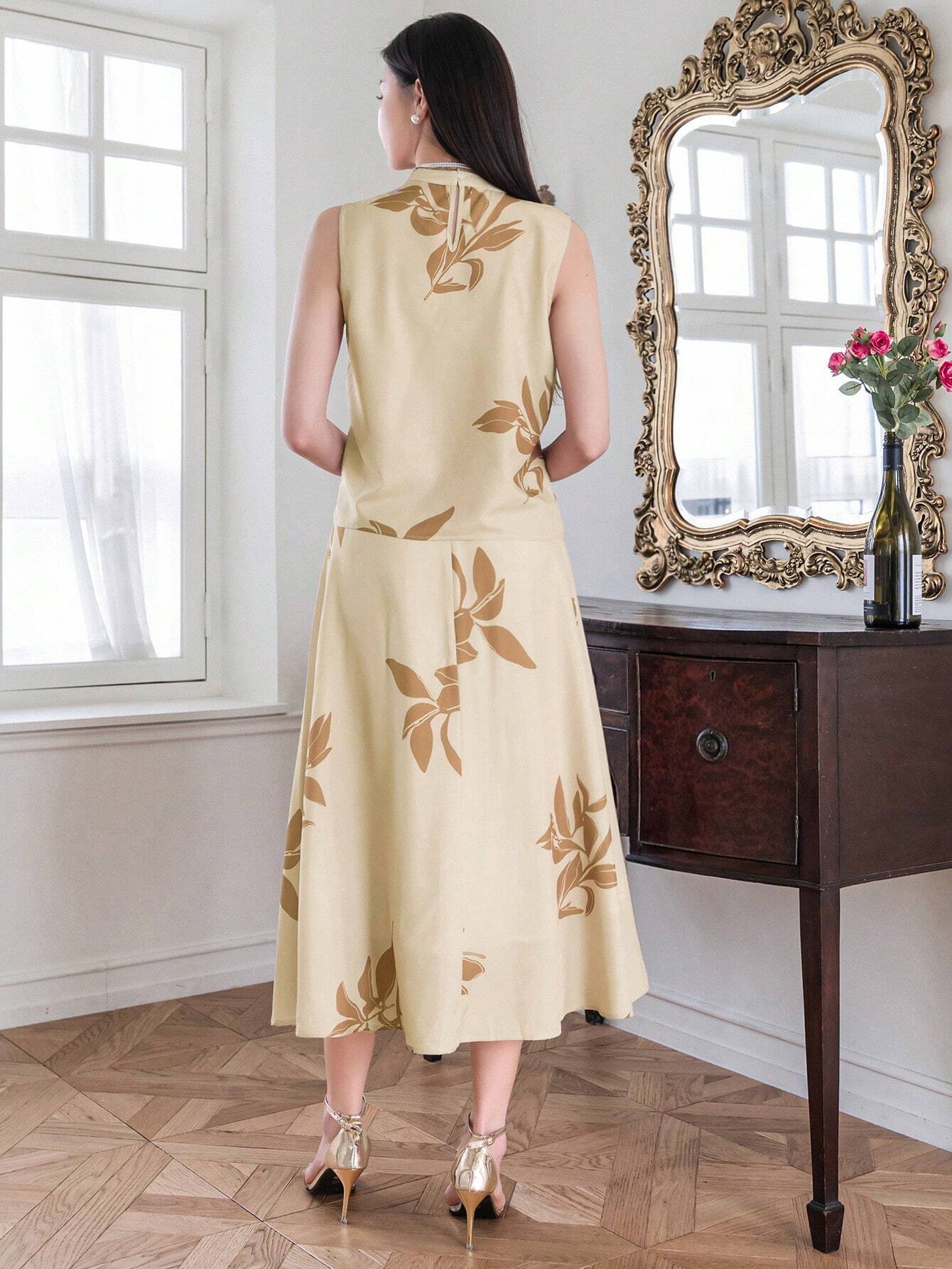 Golden Sand Beige Floral  high round neck design Midi Dress for Women