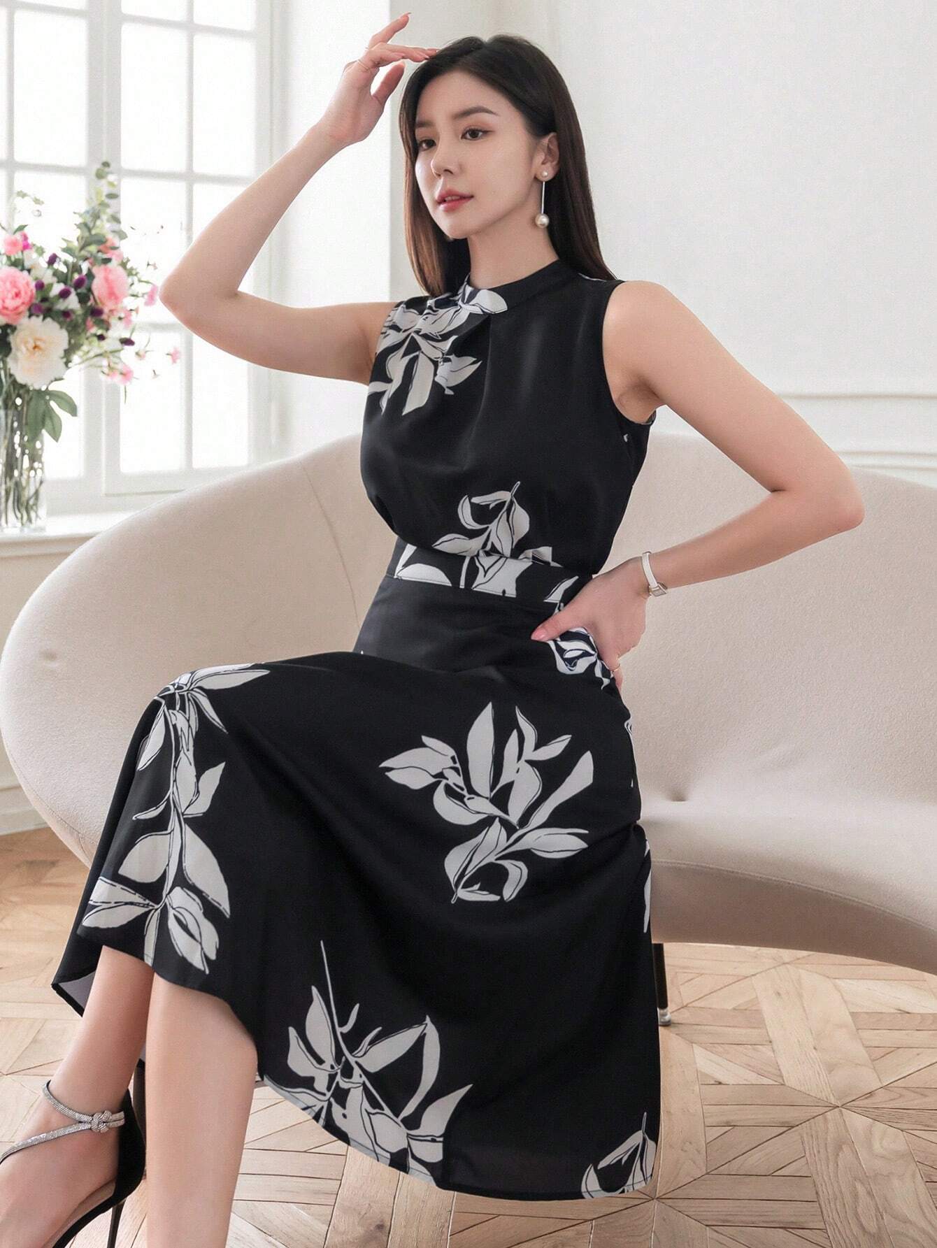 Black & White Floral Print Co-ord Set with Sleeveless Knot Top and A-Line Midi Skirt