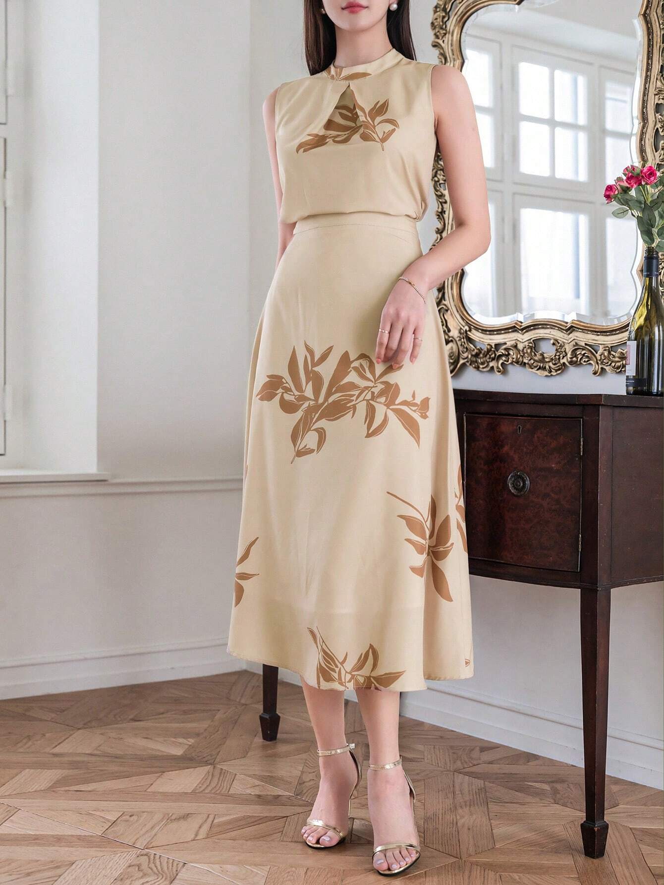 Golden Sand Beige Floral  high round neck design Midi Dress for Women
