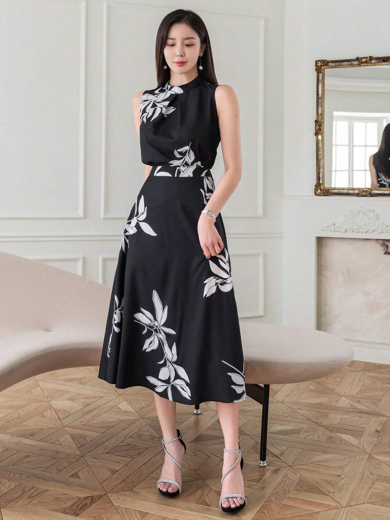 Midnight Bloom Black & White Floral Midi Dress