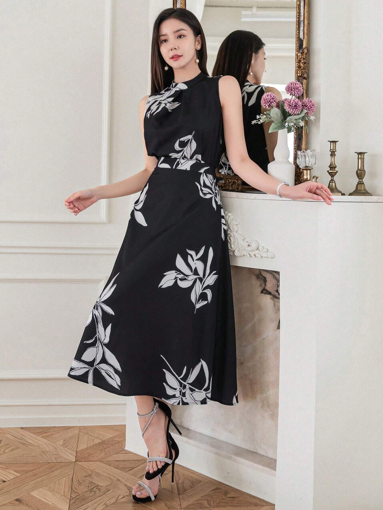 Midnight Bloom Black & White Floral Midi Dress