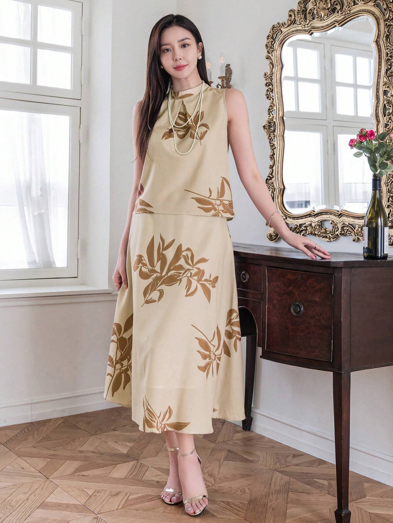 Golden Sand Beige Floral  high round neck design Midi Dress for Women