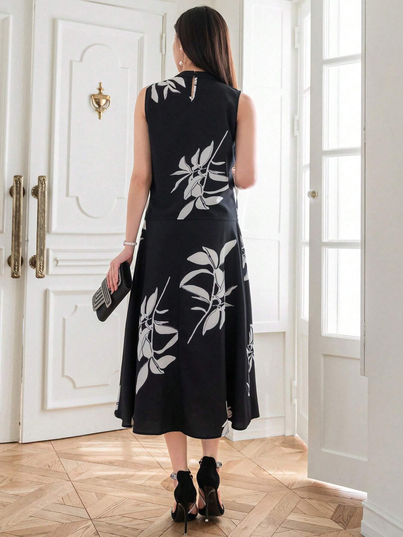 Black & White Floral Print Co-ord Set with Sleeveless Knot Top and A-Line Midi Skirt