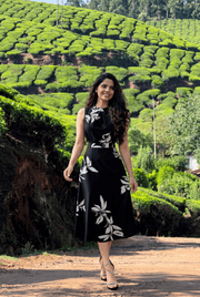 Midnight Bloom Black & White Floral Midi Dress