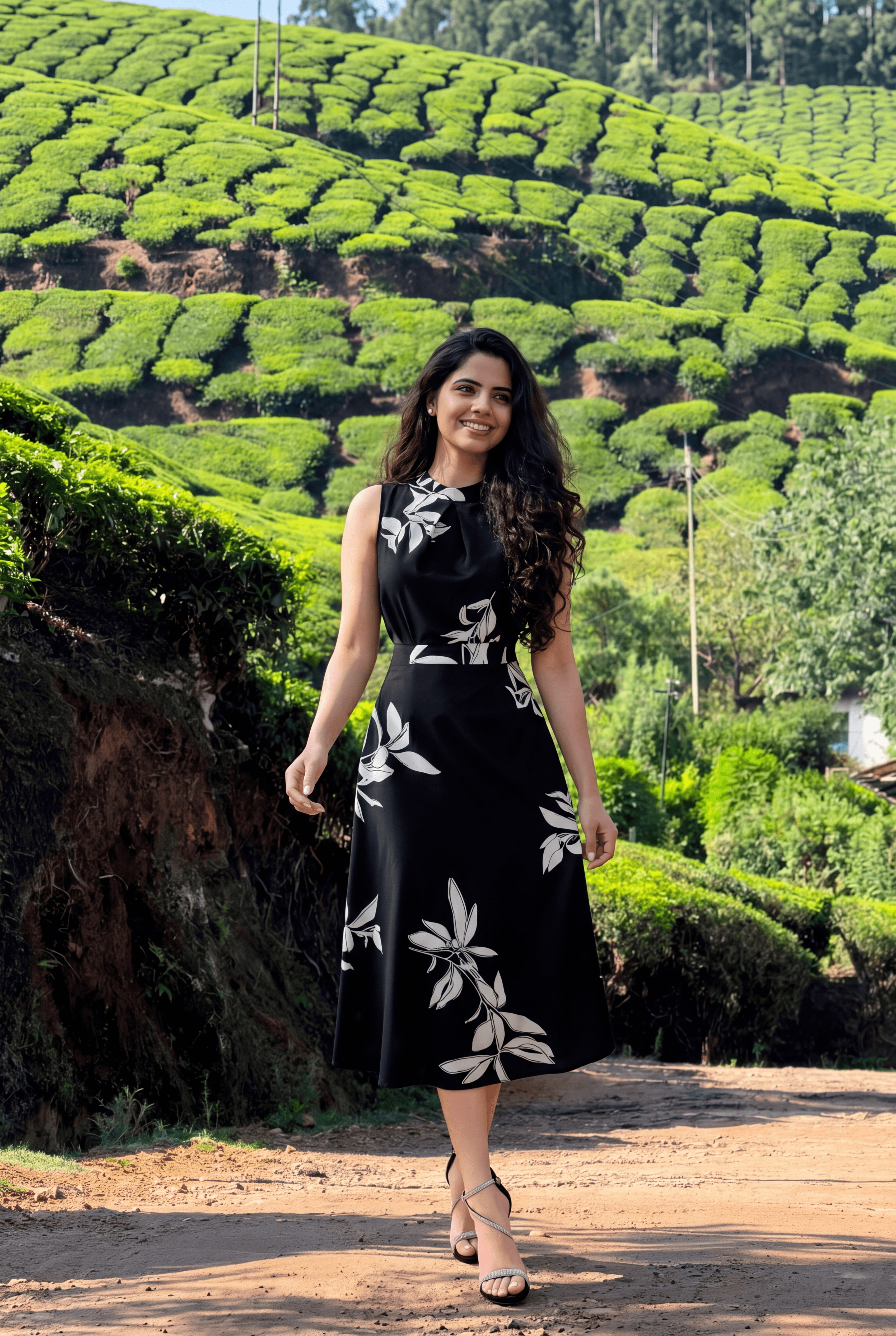 Midnight Bloom Black & White Floral Midi Dress