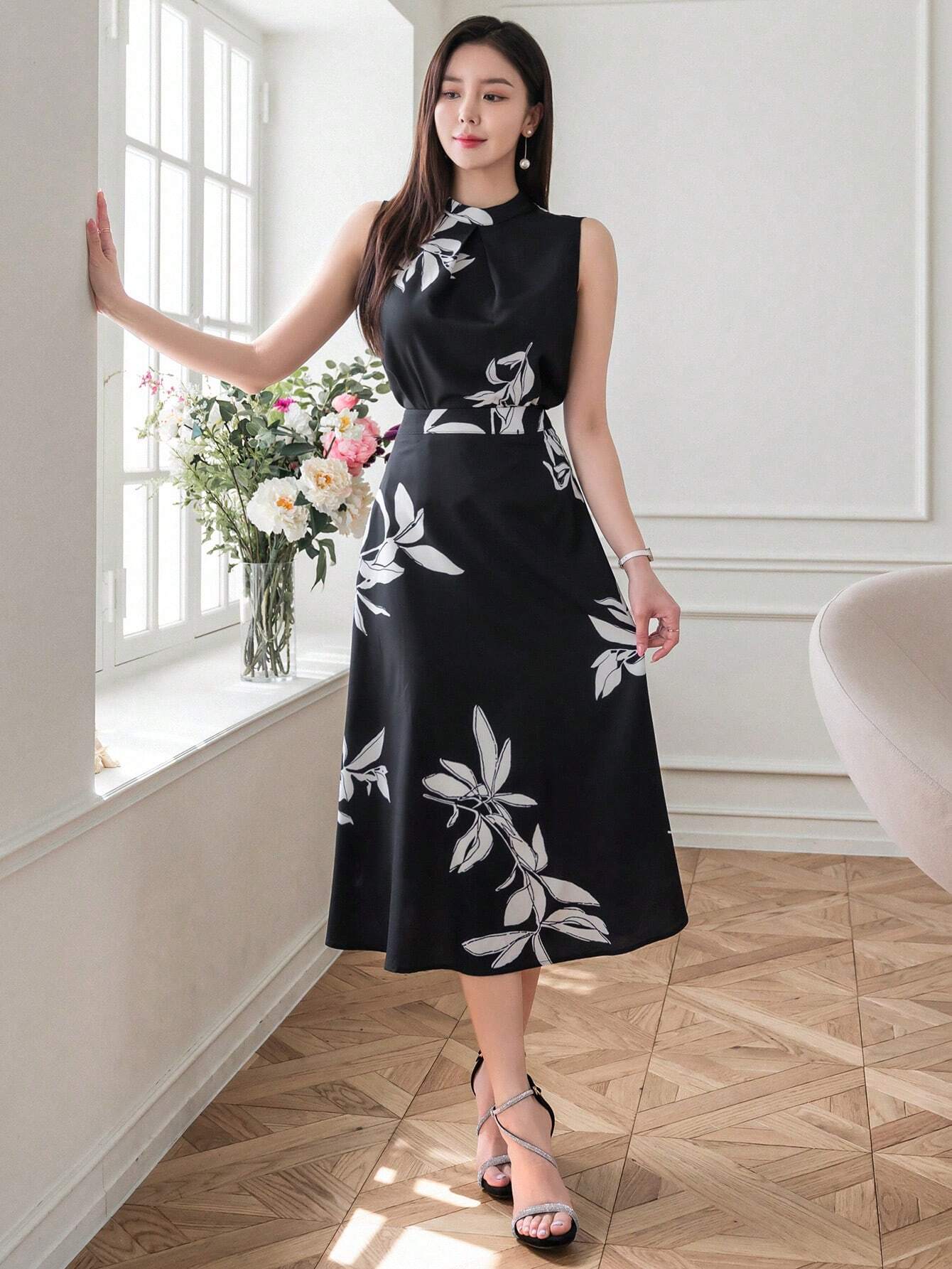 Black & White Floral Print Co-ord Set with Sleeveless Knot Top and A-Line Midi Skirt