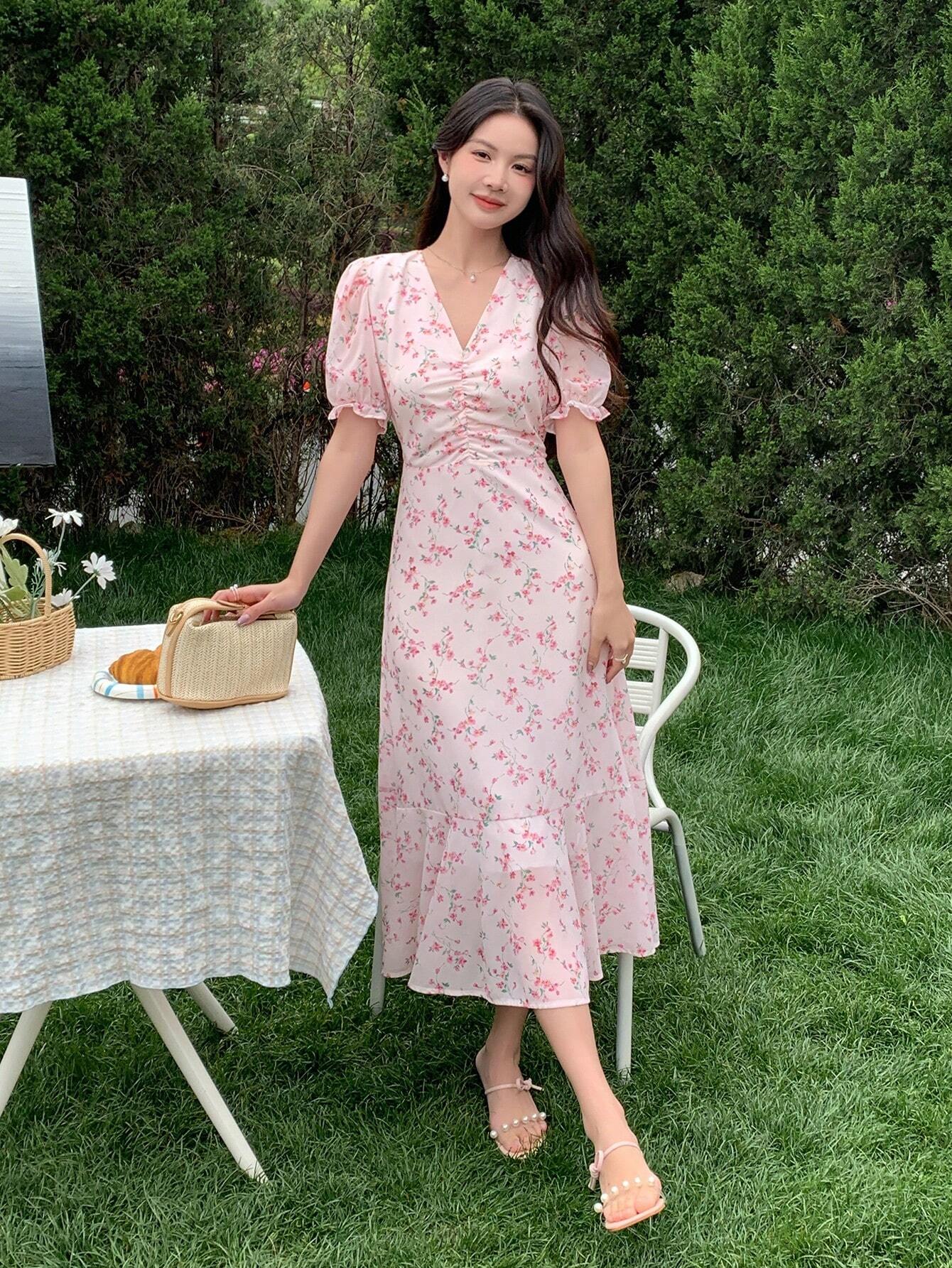 Floral Ruched Midi Blush Pink Dress