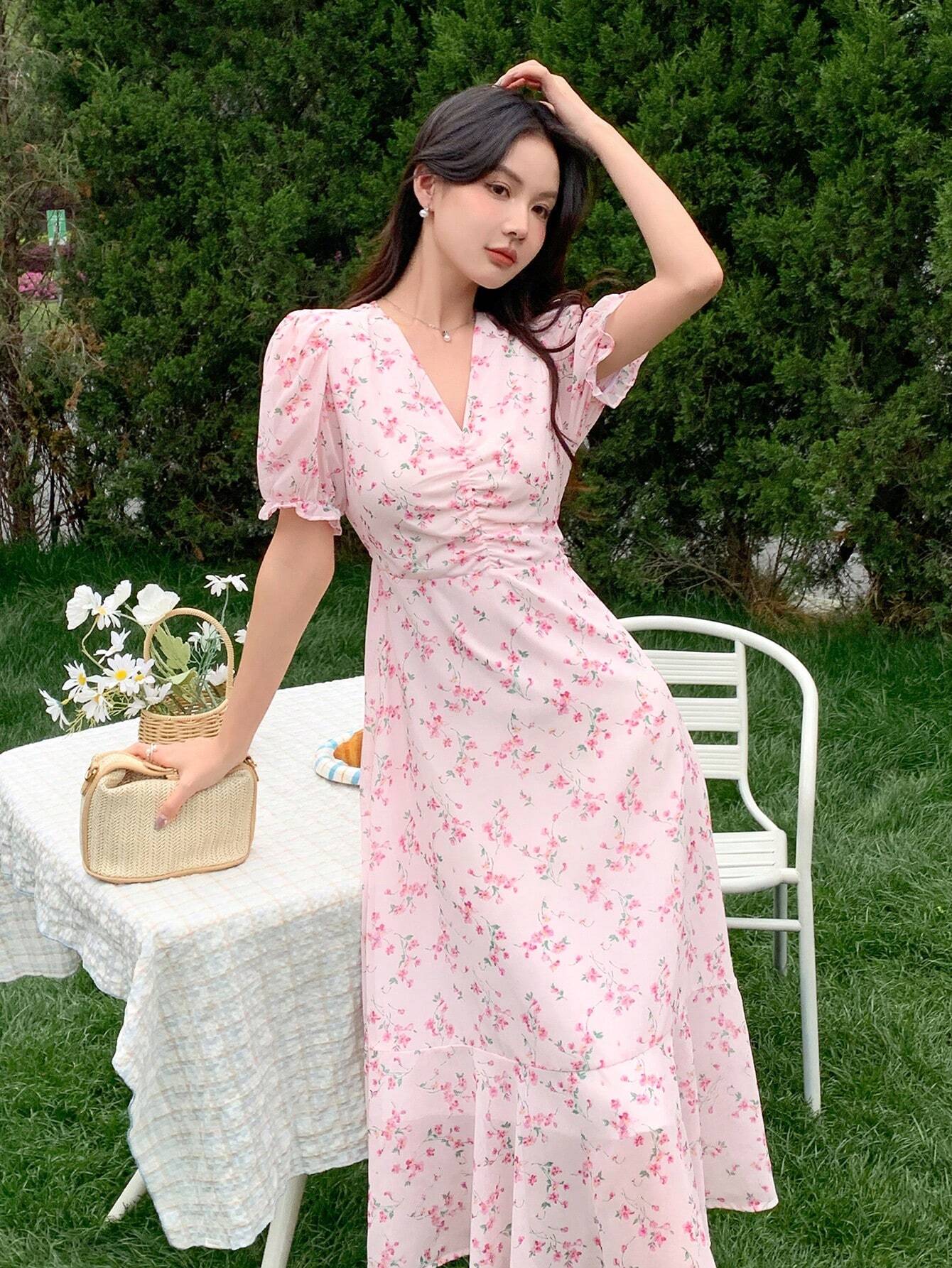 Floral Ruched Midi Blush Pink Dress