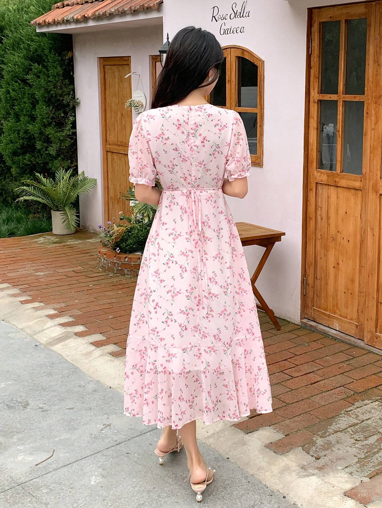 Floral Ruched Midi Blush Pink Dress