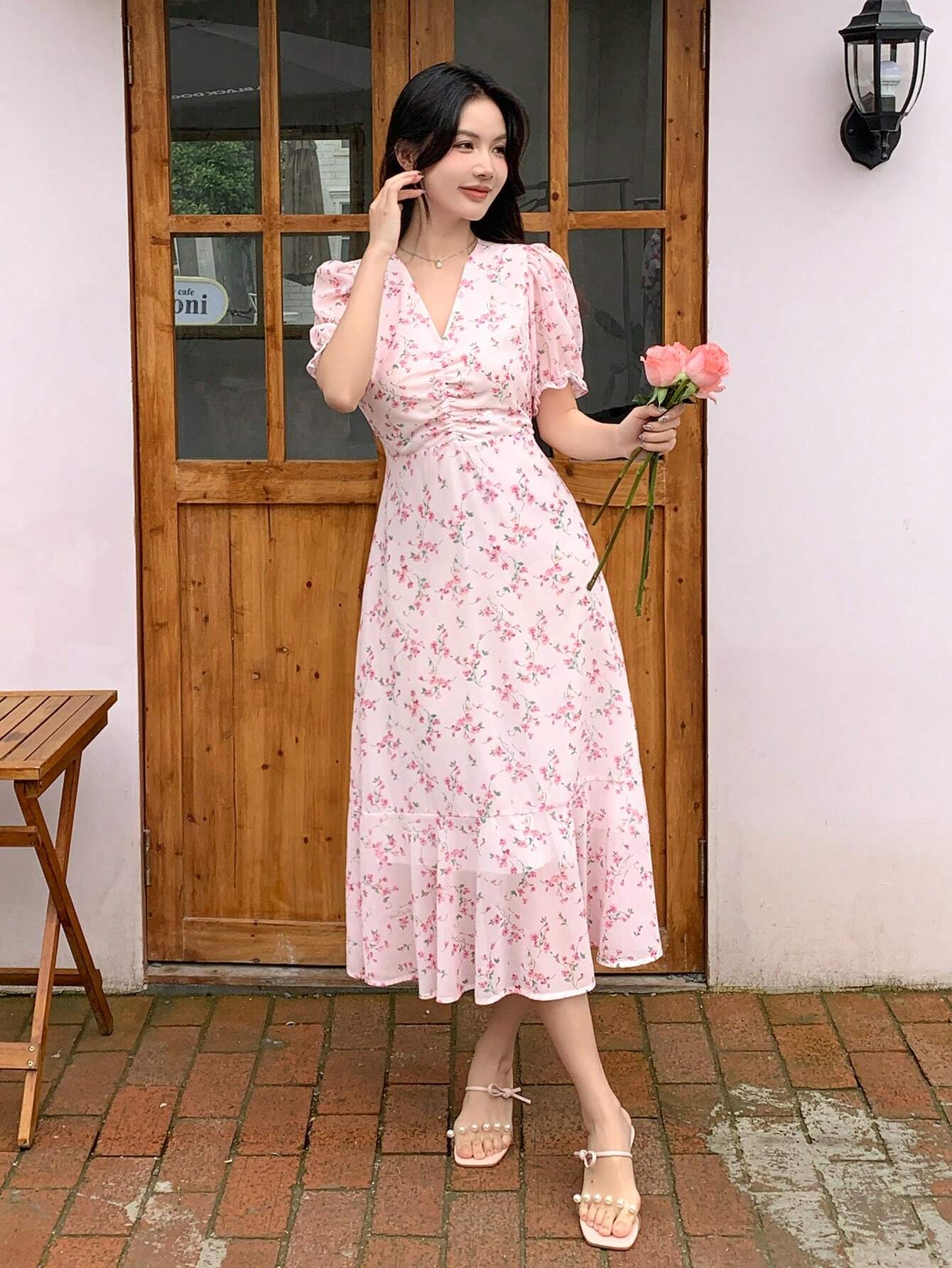 Floral Ruched Midi Blush Pink Dress