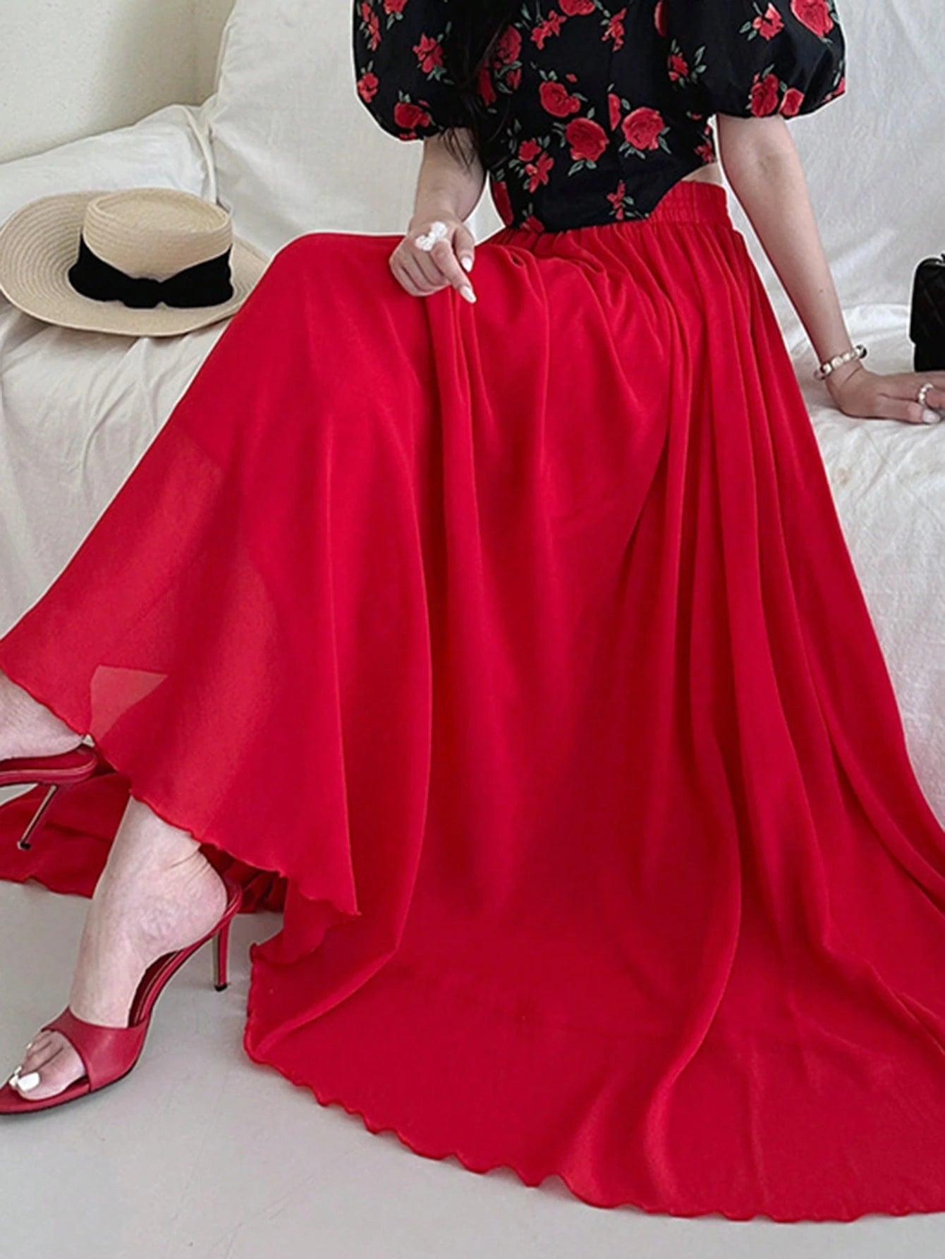A bold and graceful style Scarlet Flow Red Pleated Maxi Skirt for Women