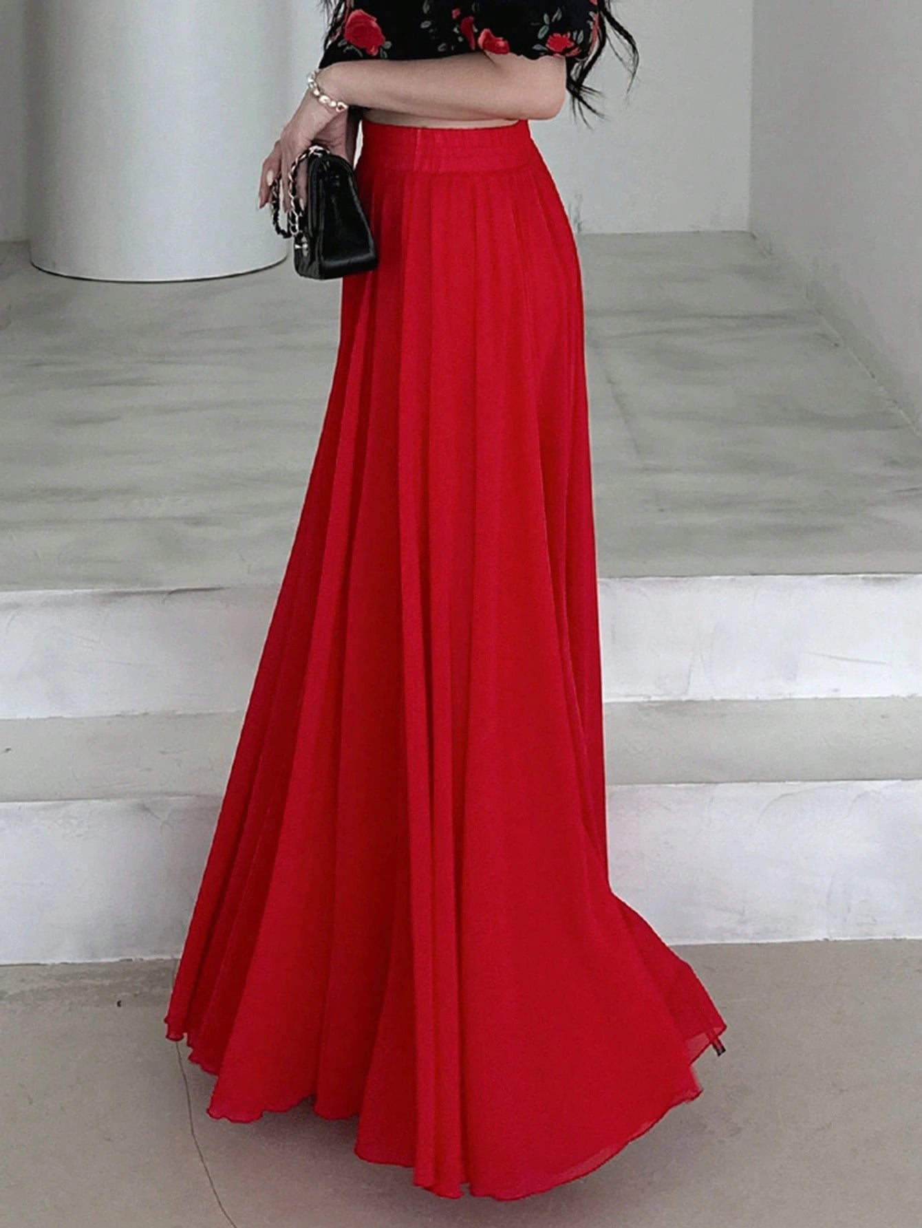 A bold and graceful style Scarlet Flow Red Pleated Maxi Skirt for Women