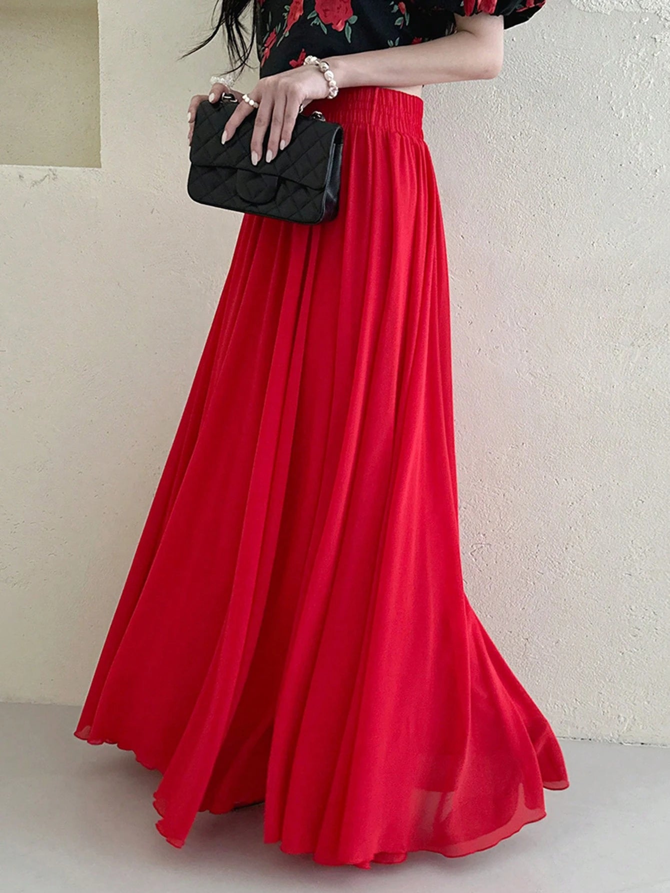 A bold and graceful style Scarlet Flow Red Pleated Maxi Skirt for Women