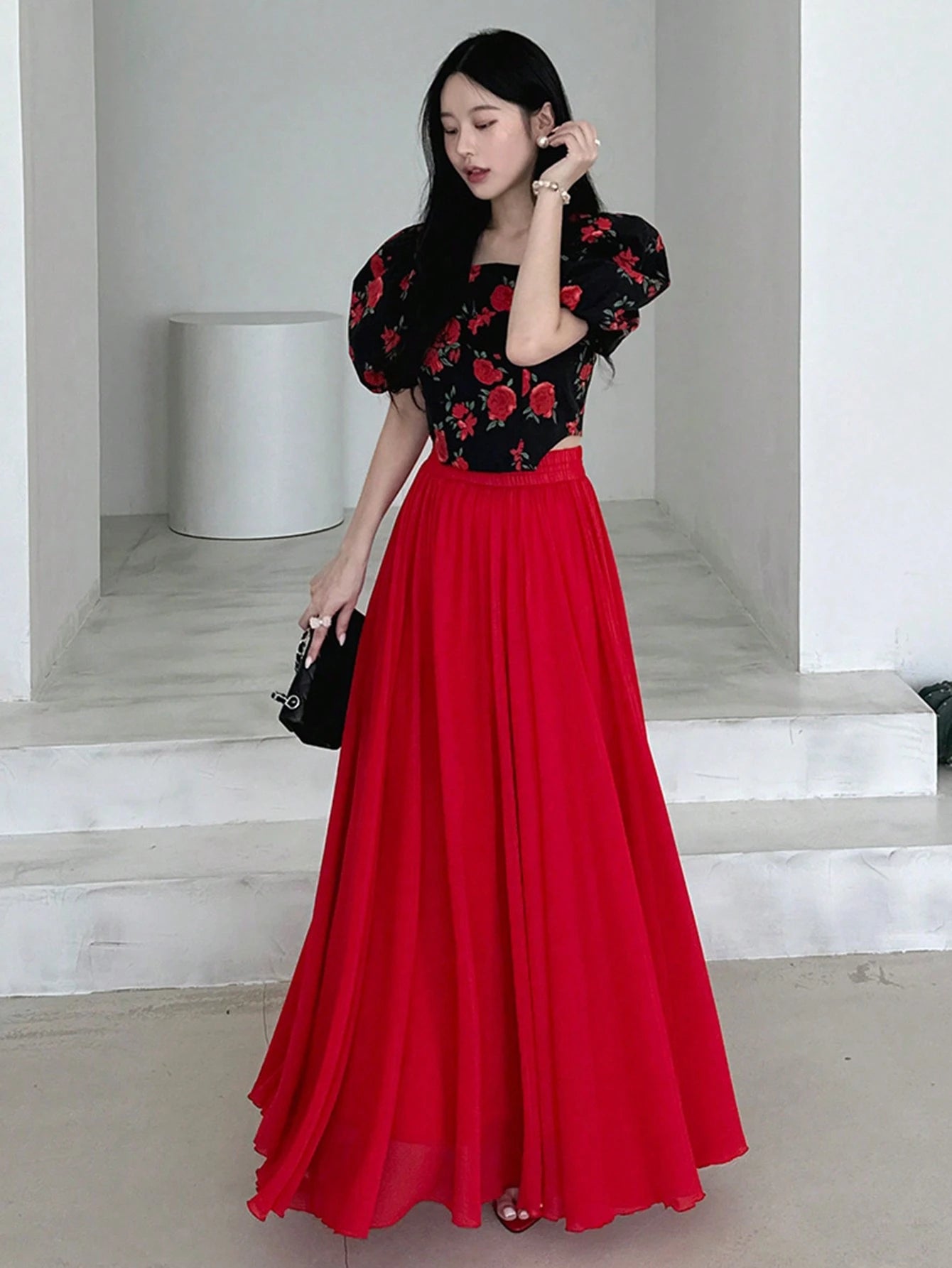 A bold and graceful style Scarlet Flow Red Pleated Maxi Skirt for Women
