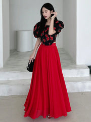 A bold and graceful style Scarlet Flow Red Pleated Maxi Skirt for Women