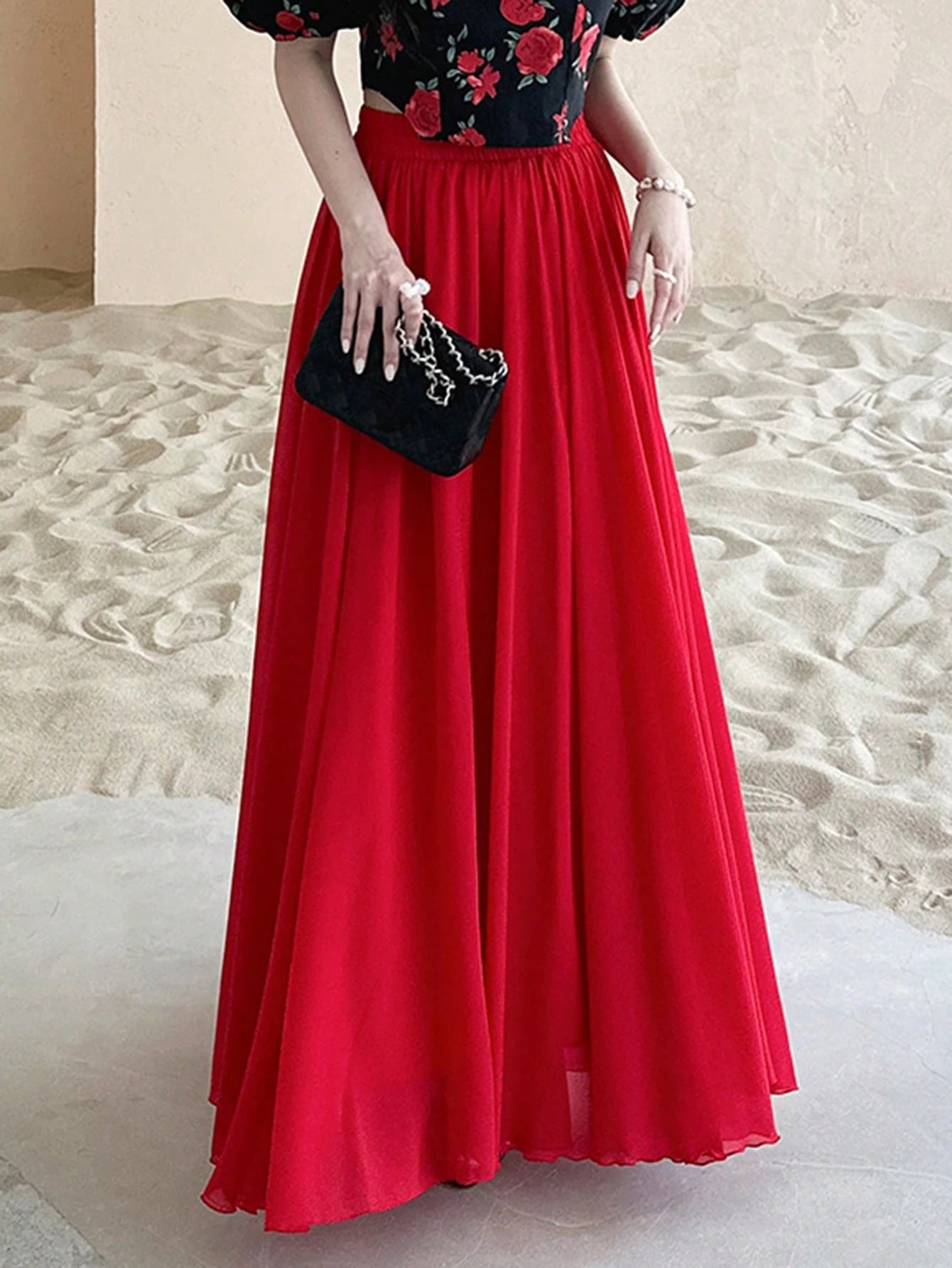 A bold and graceful style Scarlet Flow Red Pleated Maxi Skirt for Women