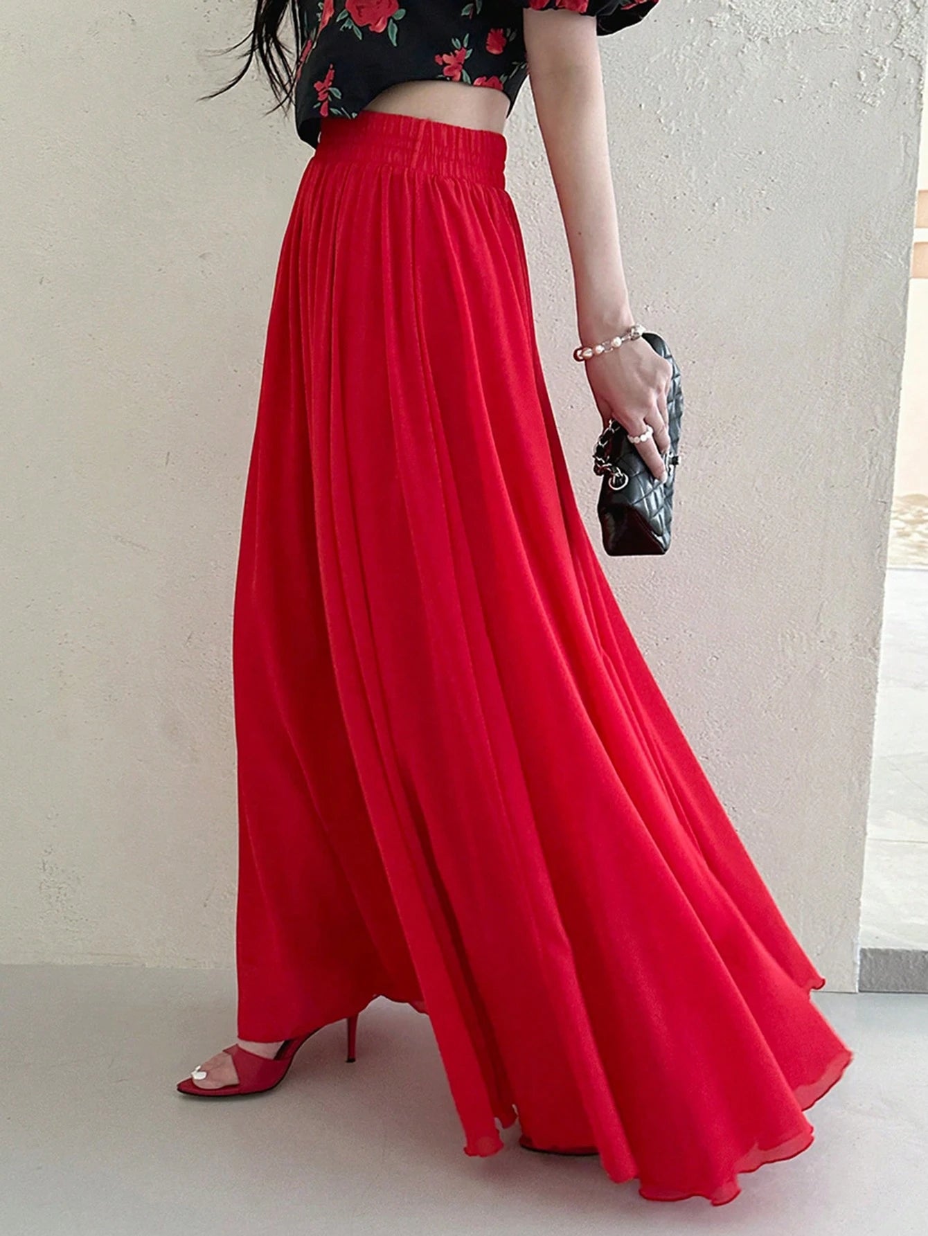 A bold and graceful style Scarlet Flow Red Pleated Maxi Skirt for Women