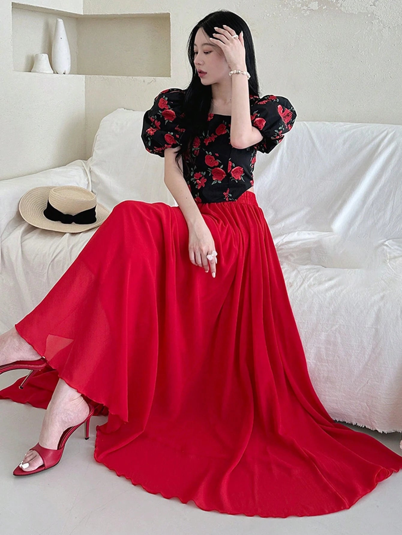 A bold and graceful style Scarlet Flow Red Pleated Maxi Skirt for Women