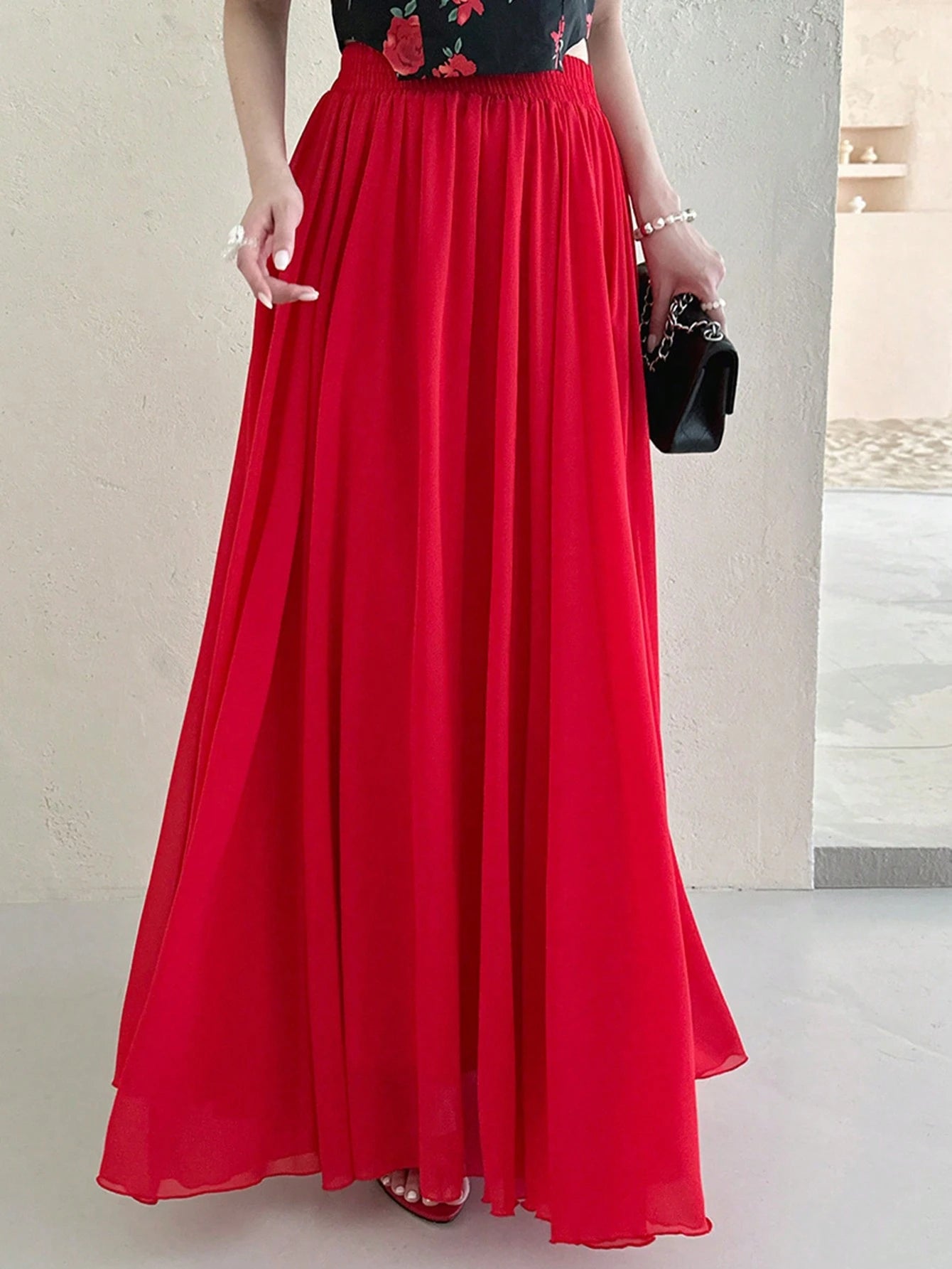 A bold and graceful style Scarlet Flow Red Pleated Maxi Skirt for Women