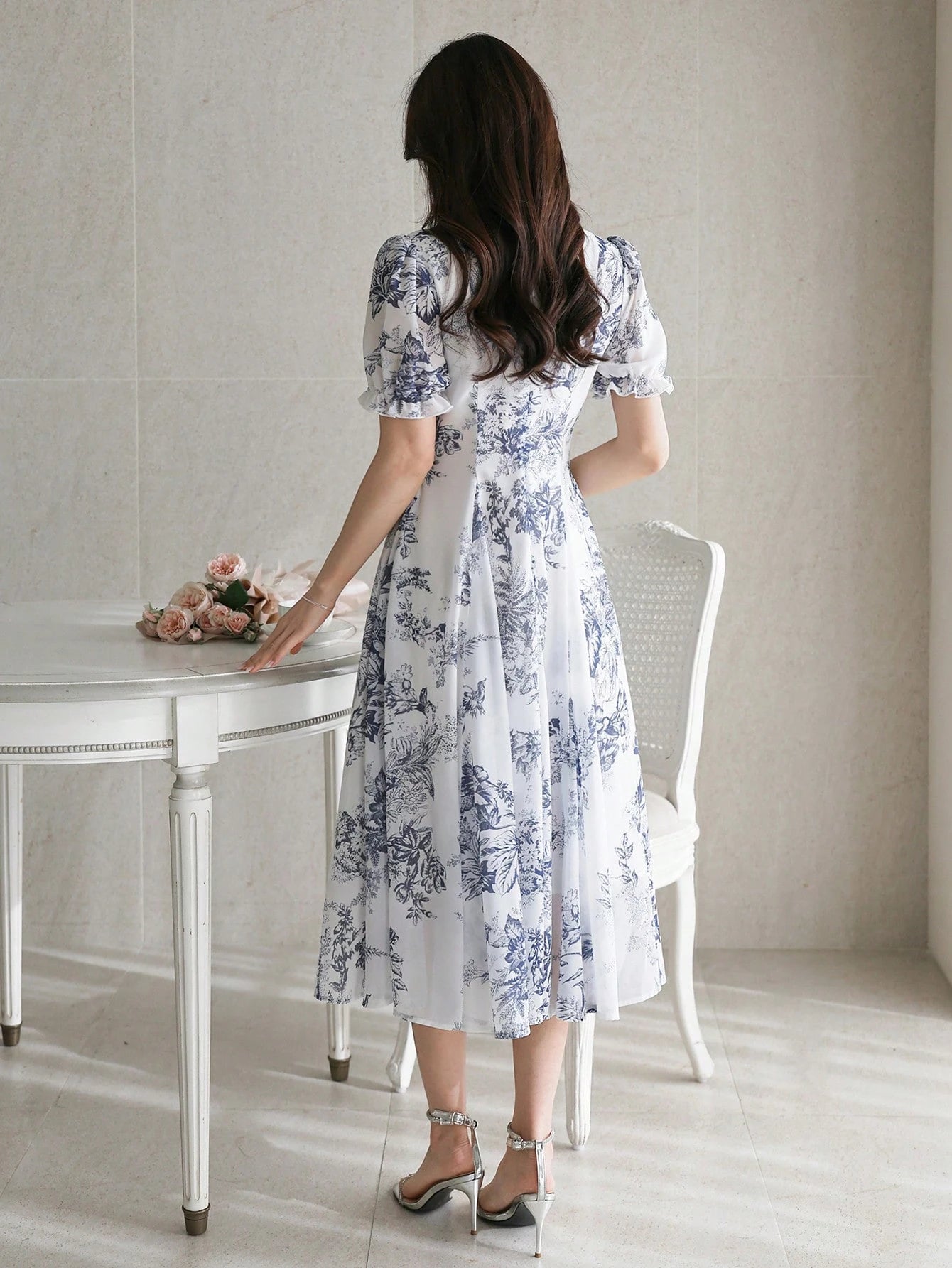 Vintage Toile Floral  Midi Dress with Ruffle Detail