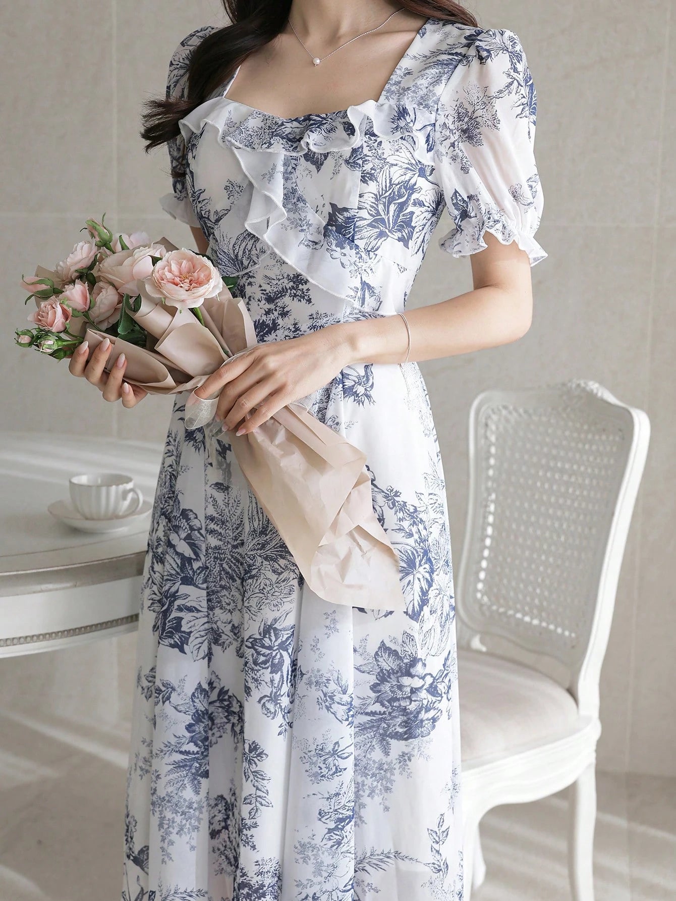 Vintage Toile Floral  Midi Dress with Ruffle Detail