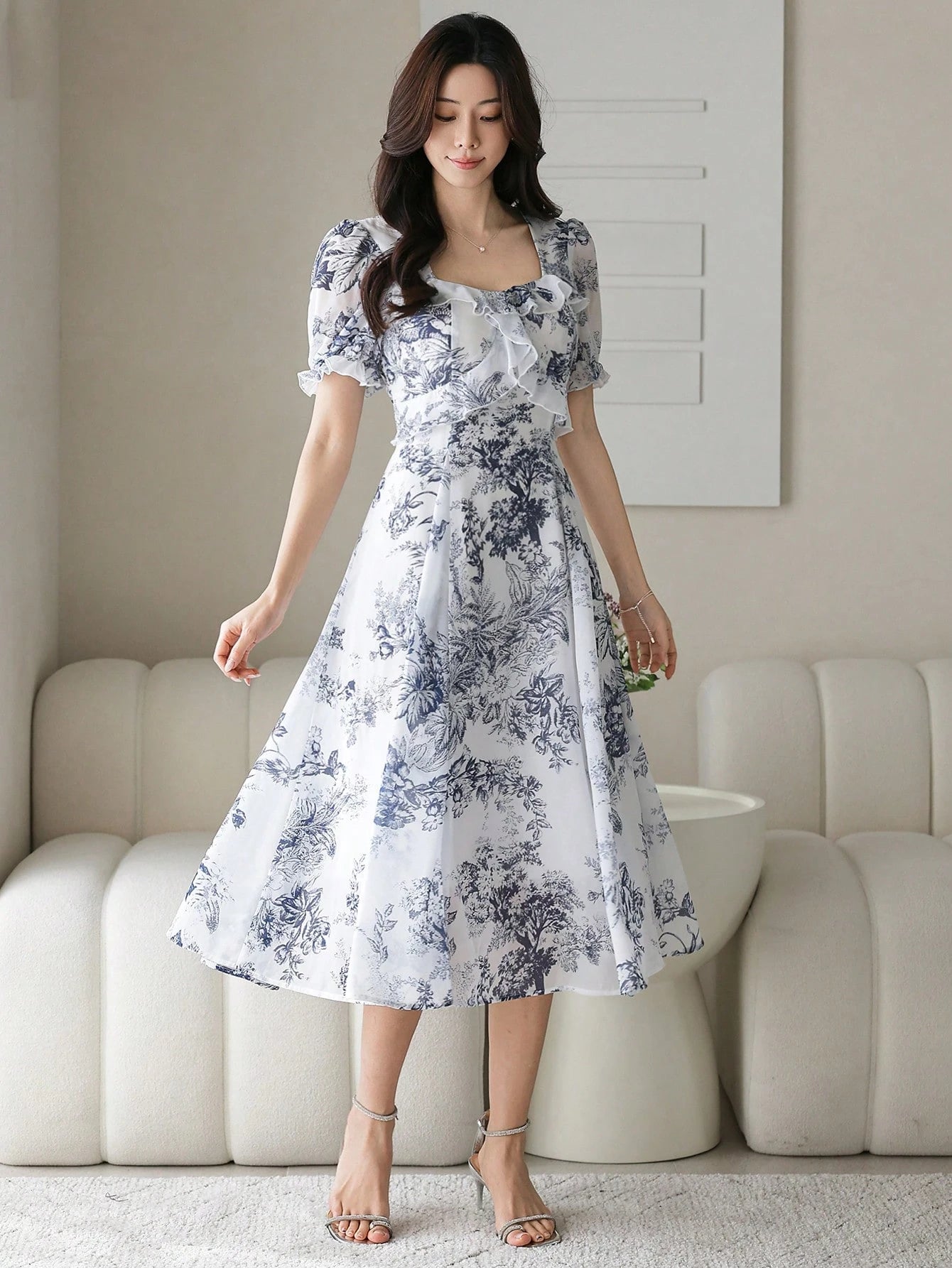 Vintage Toile Floral  Midi Dress with Ruffle Detail