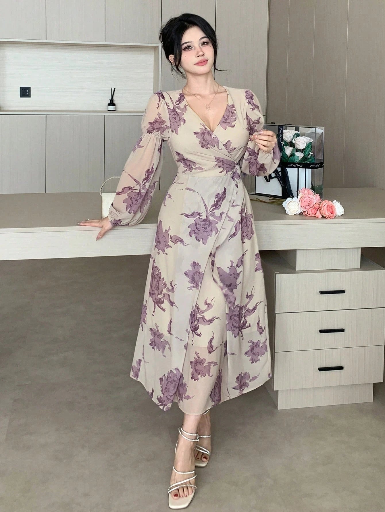 Artistic, scattered dusty purple  floral print floral motifs A-line