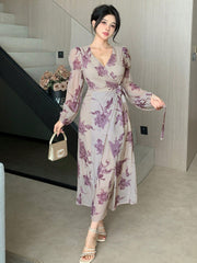 Artistic, scattered dusty purple  floral print floral motifs A-line