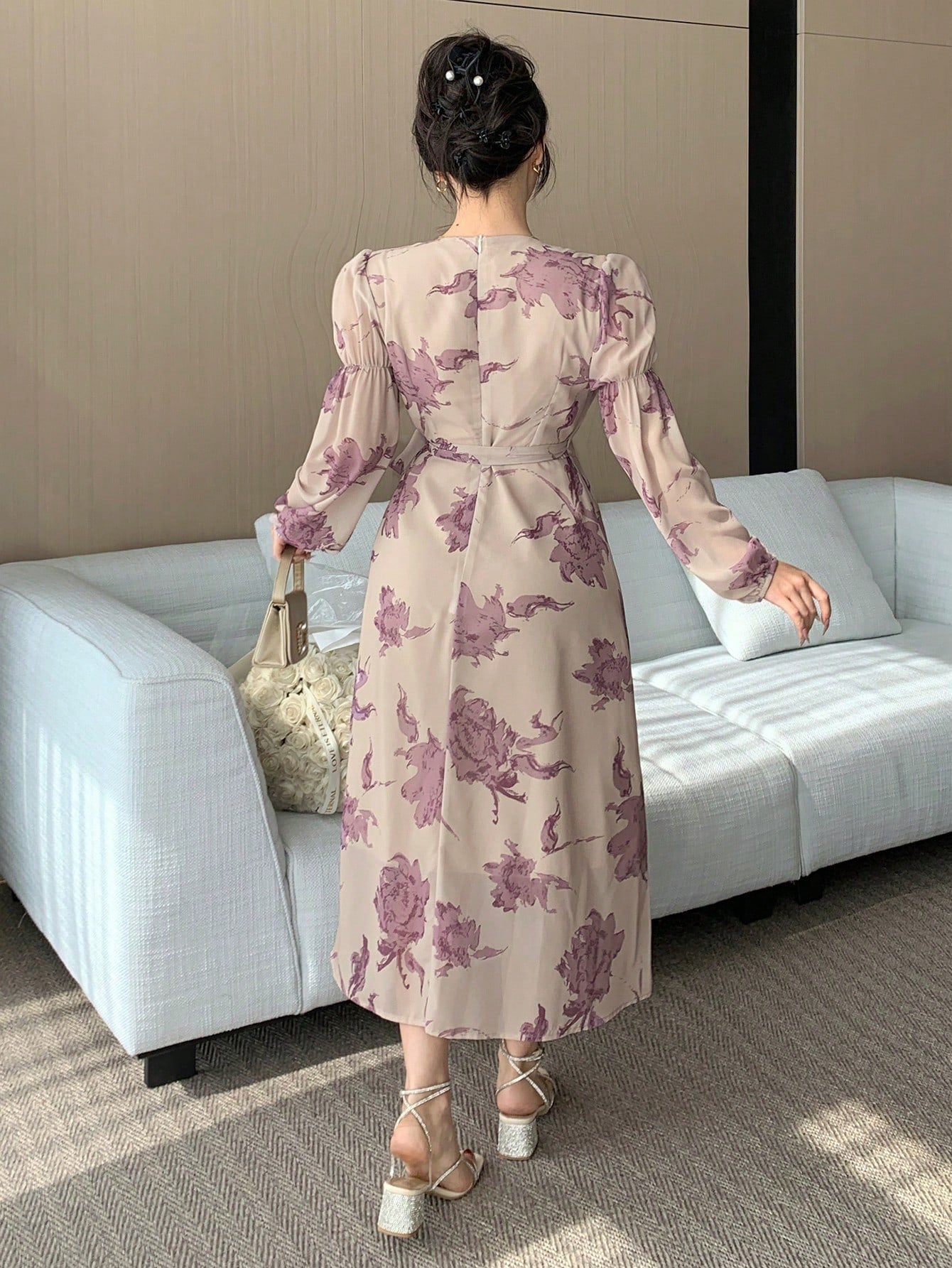 Artistic, scattered dusty purple  floral print floral motifs A-line