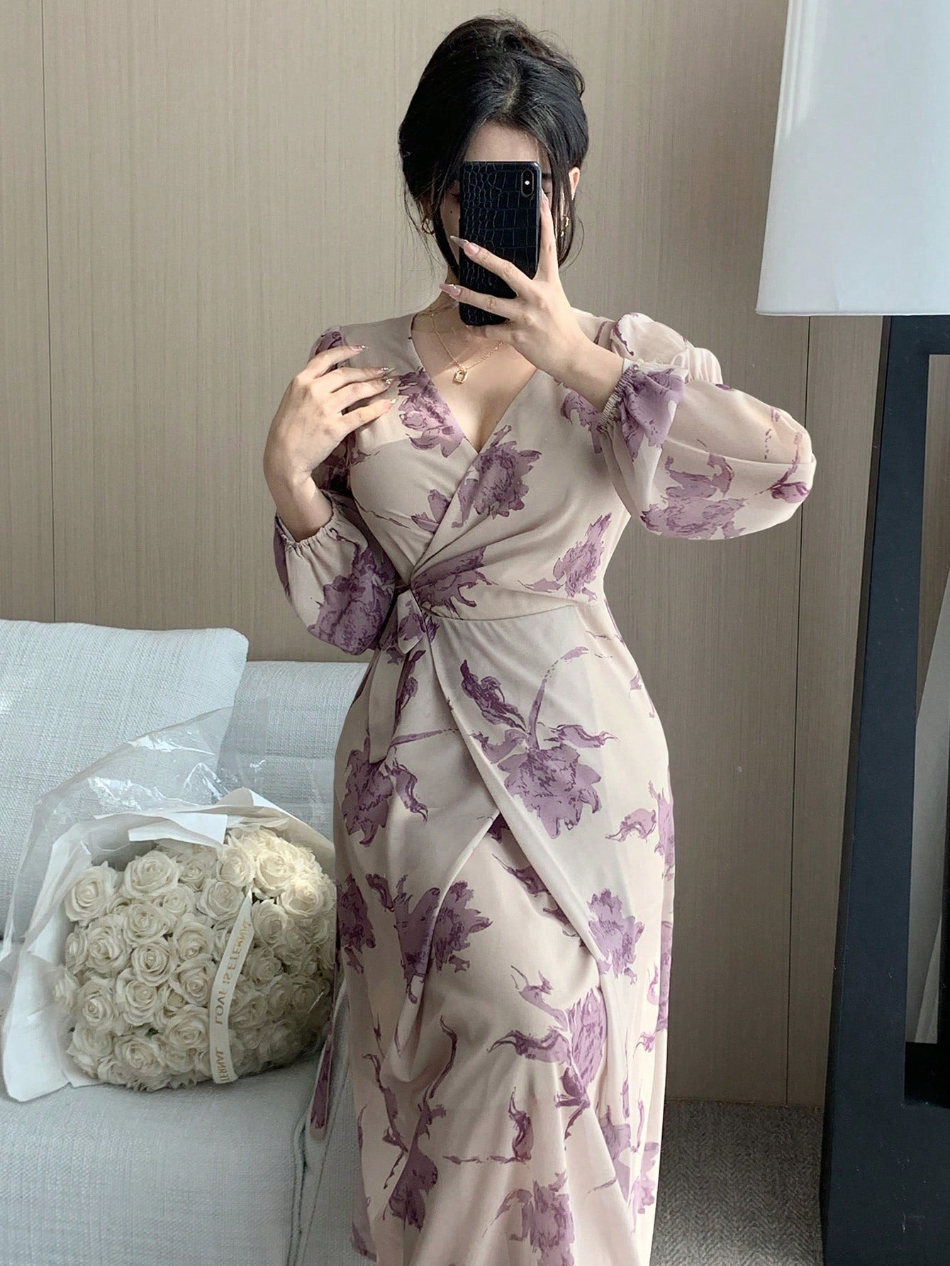 Artistic, scattered dusty purple  floral print floral motifs A-line