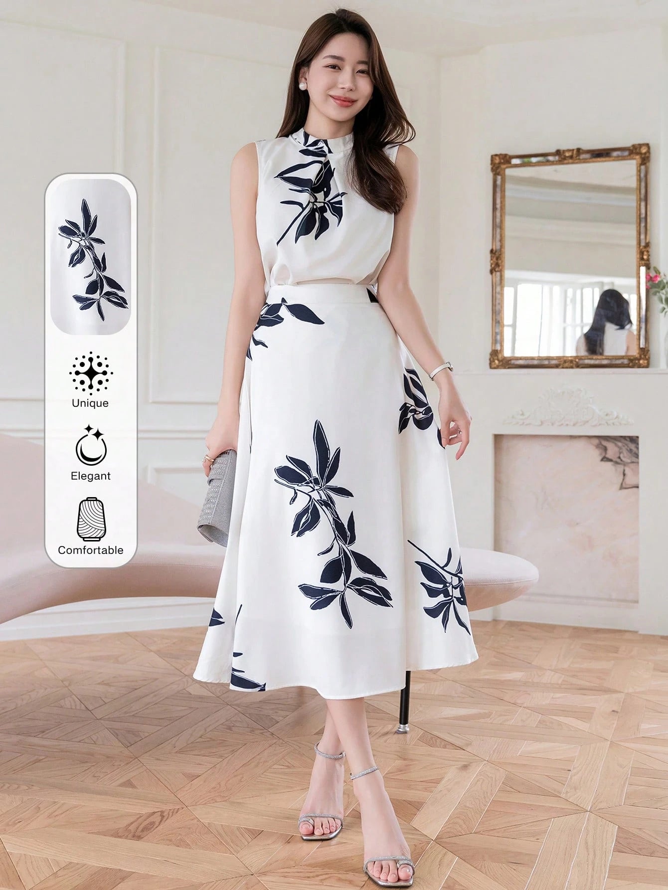 Ivory Bloom White & Black Floral Midi Dress with Sleeveless High Neck