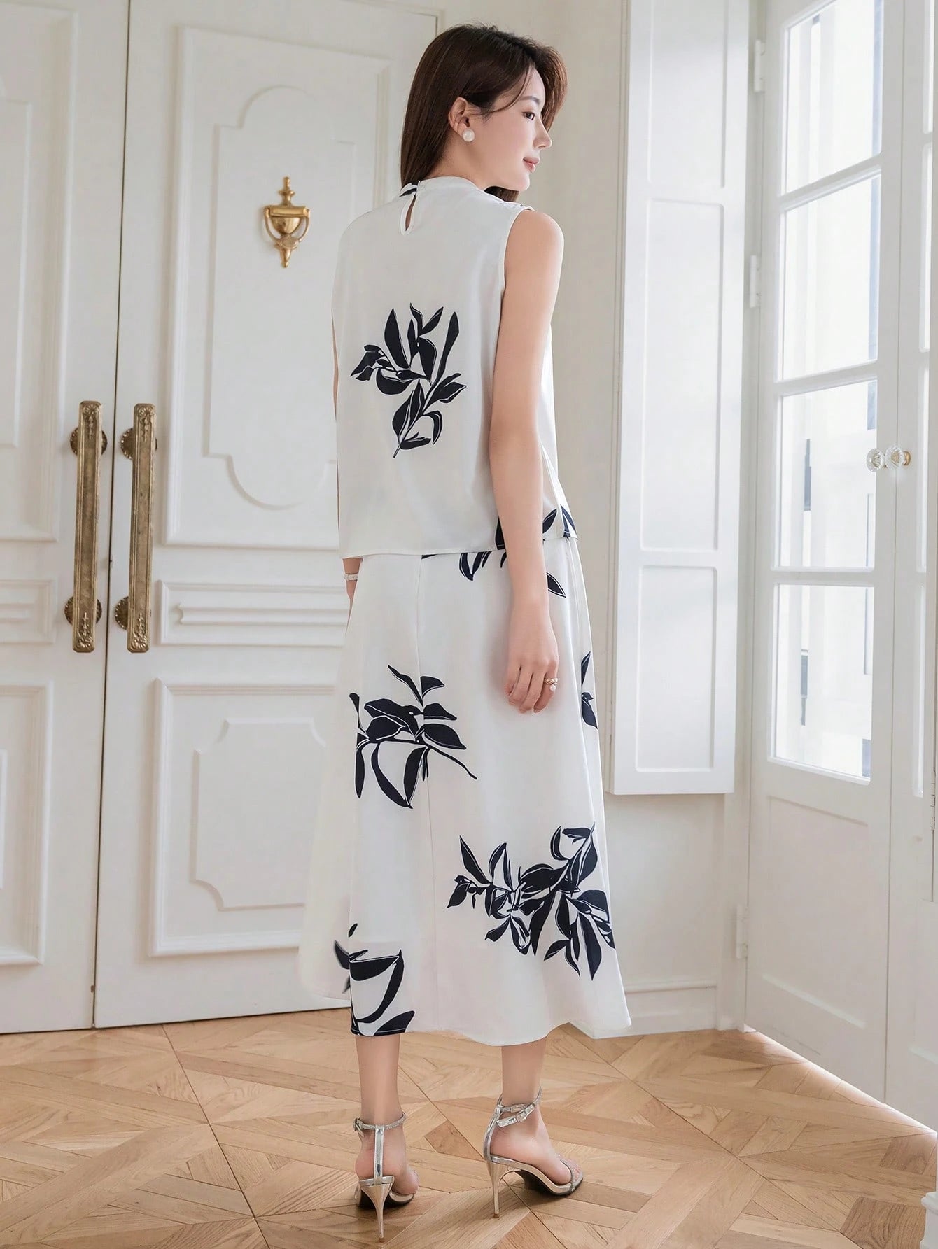 Ivory Bloom White & Black Floral Midi Dress with Sleeveless High Neck