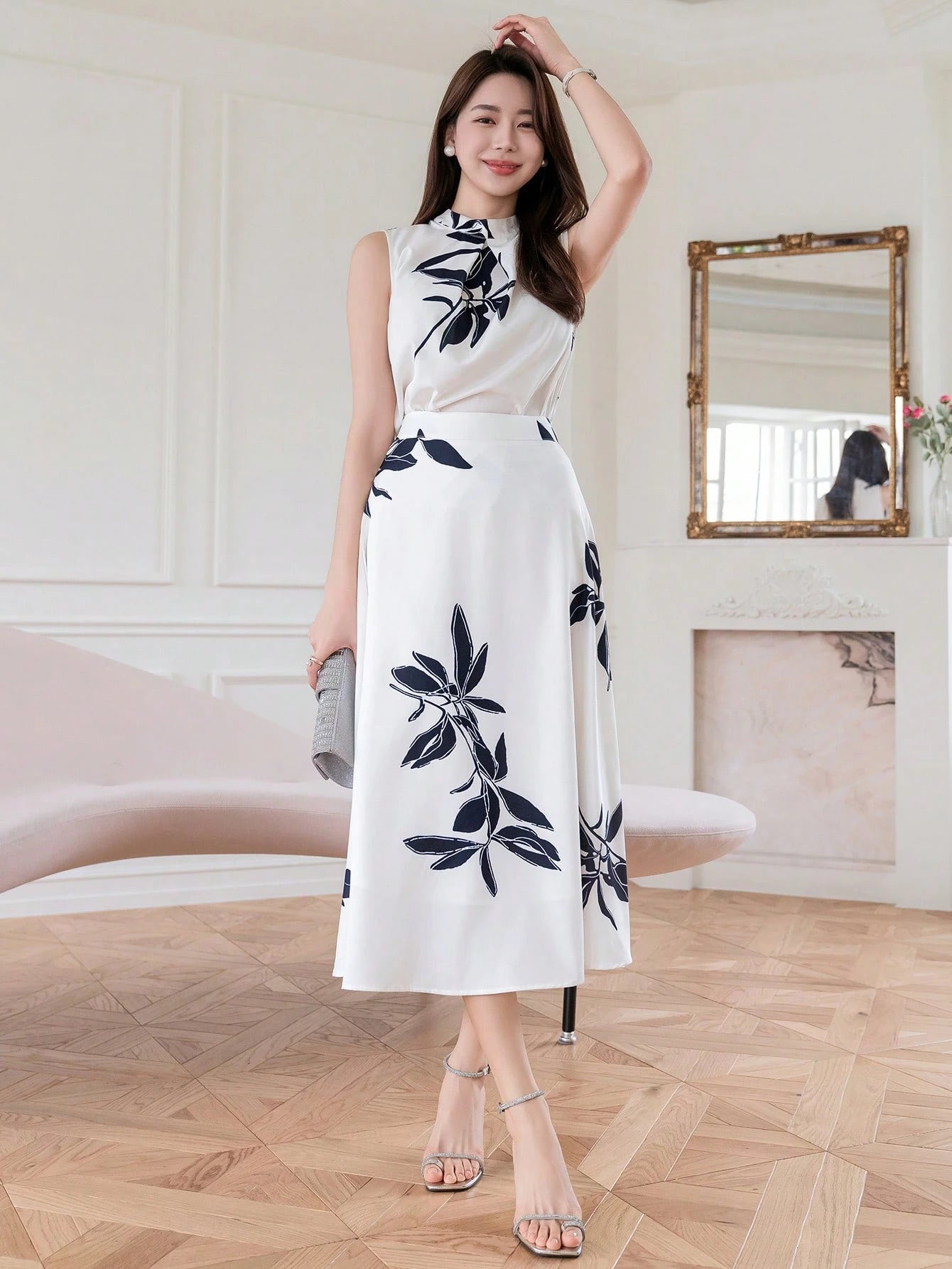 Ivory Bloom White & Black Floral Midi Dress with Sleeveless High Neck