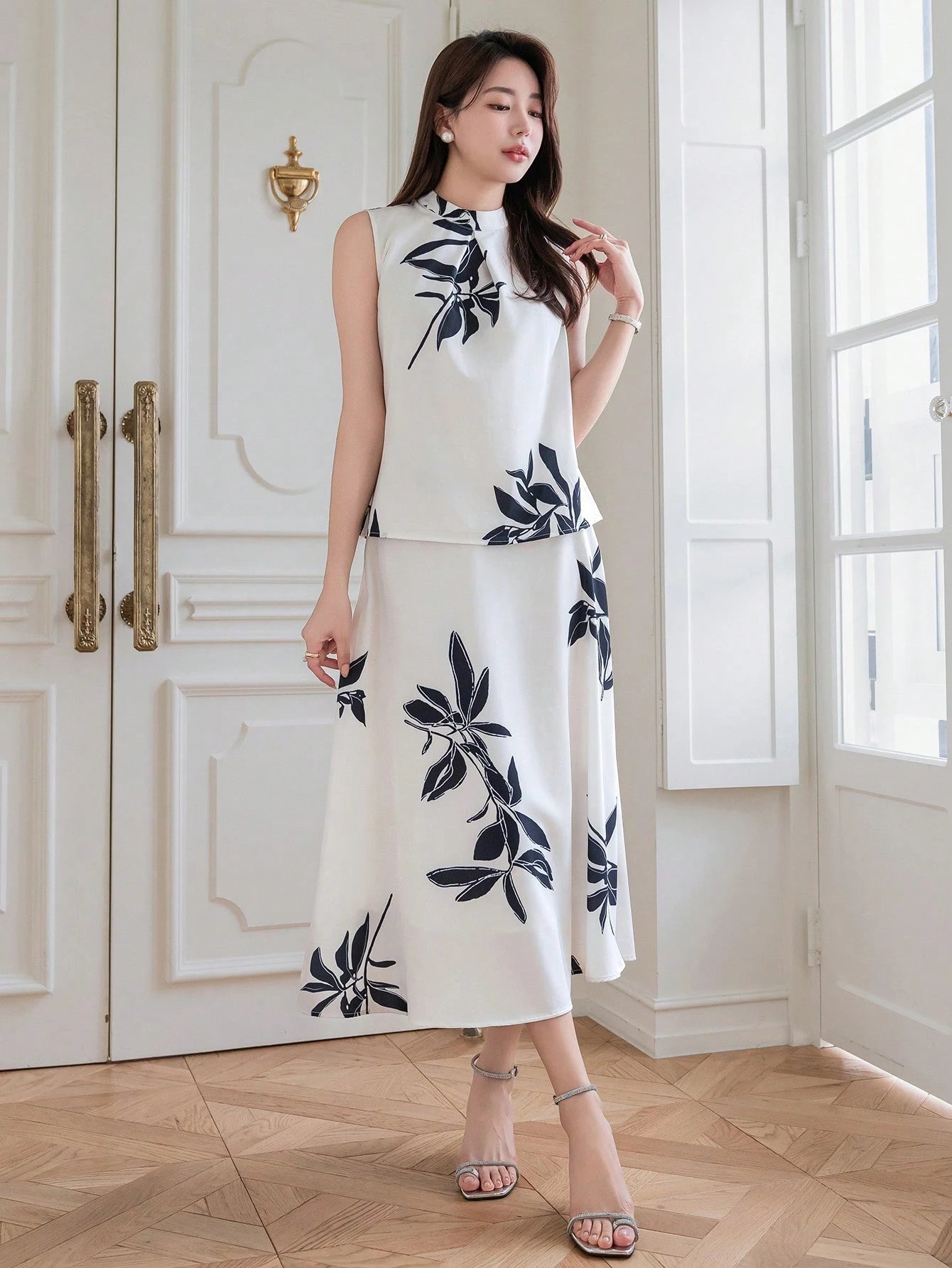 Ivory Bloom White & Black Floral Midi Dress with Sleeveless High Neck