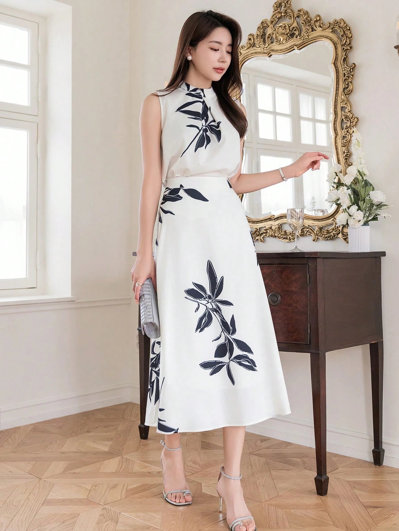 Ivory Bloom White & Black Floral Midi Dress with Sleeveless High Neck