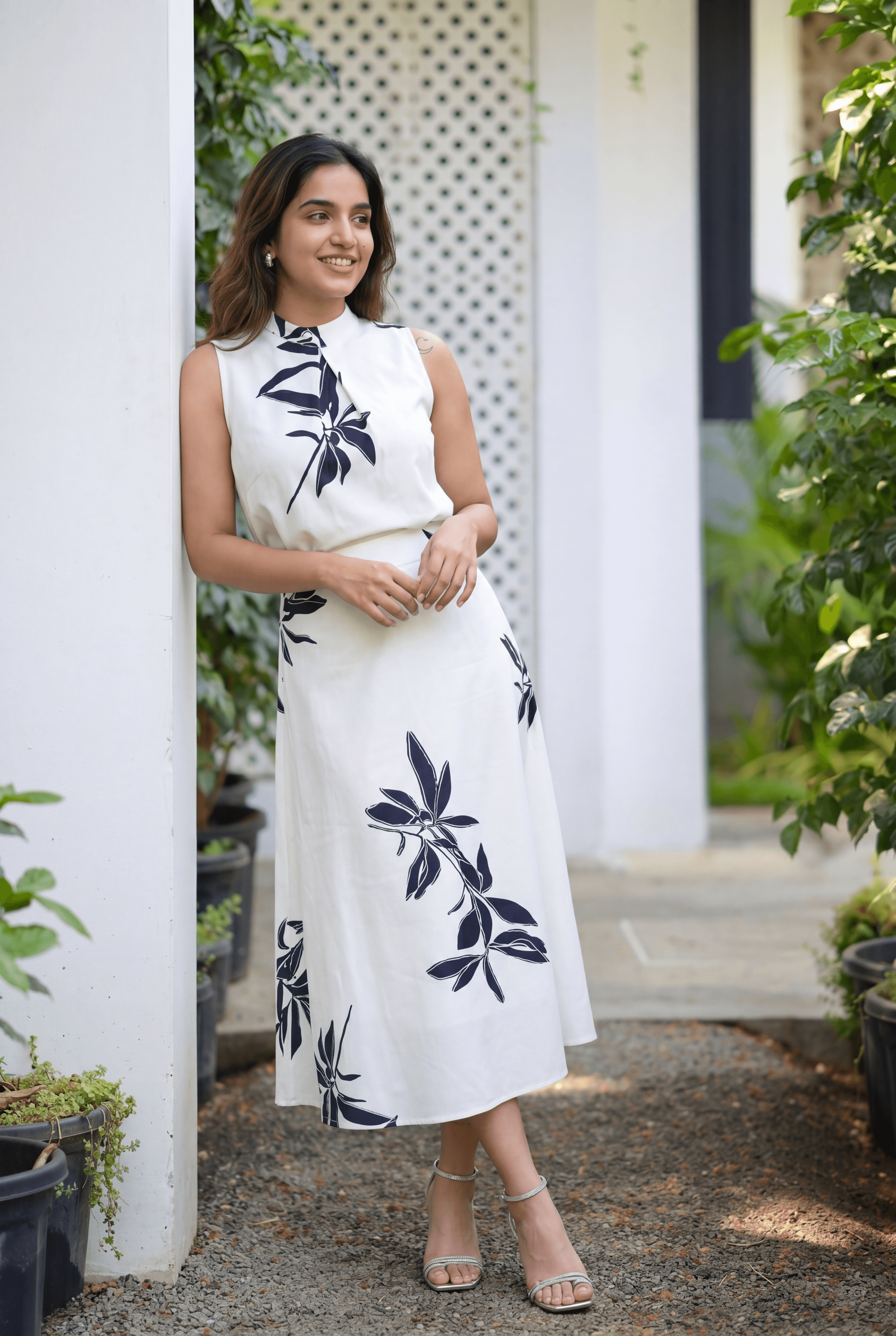 Ivory Bloom White & Black Floral Midi Dress with Sleeveless High Neck