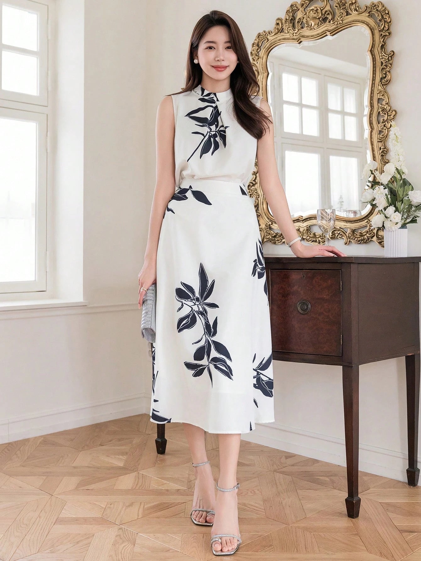 Ivory Bloom White & Black Floral Midi Dress with Sleeveless High Neck