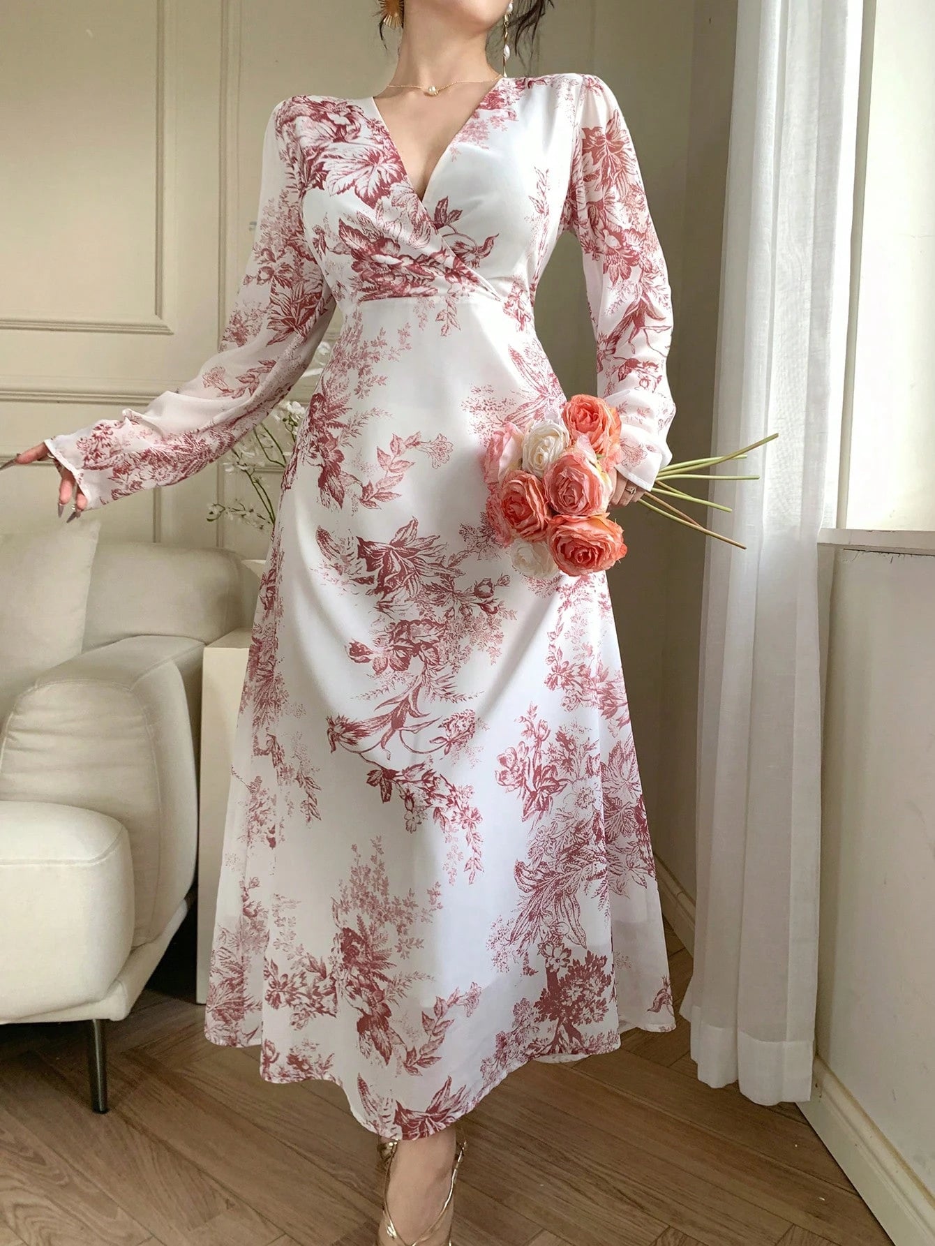 Elegant Floral Print White  Ivory color Dusty Pink Floral