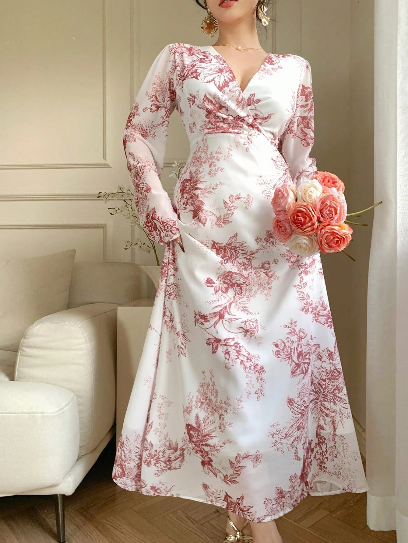 Elegant Floral Print White  Ivory color Dusty Pink Floral