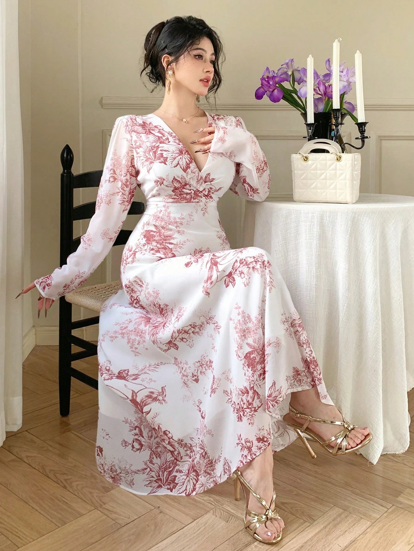 Elegant Floral Print White  Ivory color Dusty Pink Floral