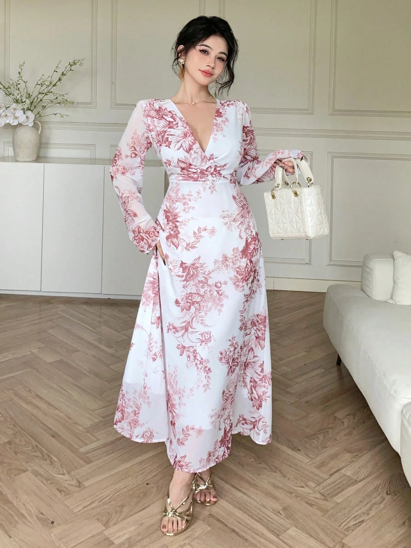 Elegant Floral Print White  Ivory color Dusty Pink Floral