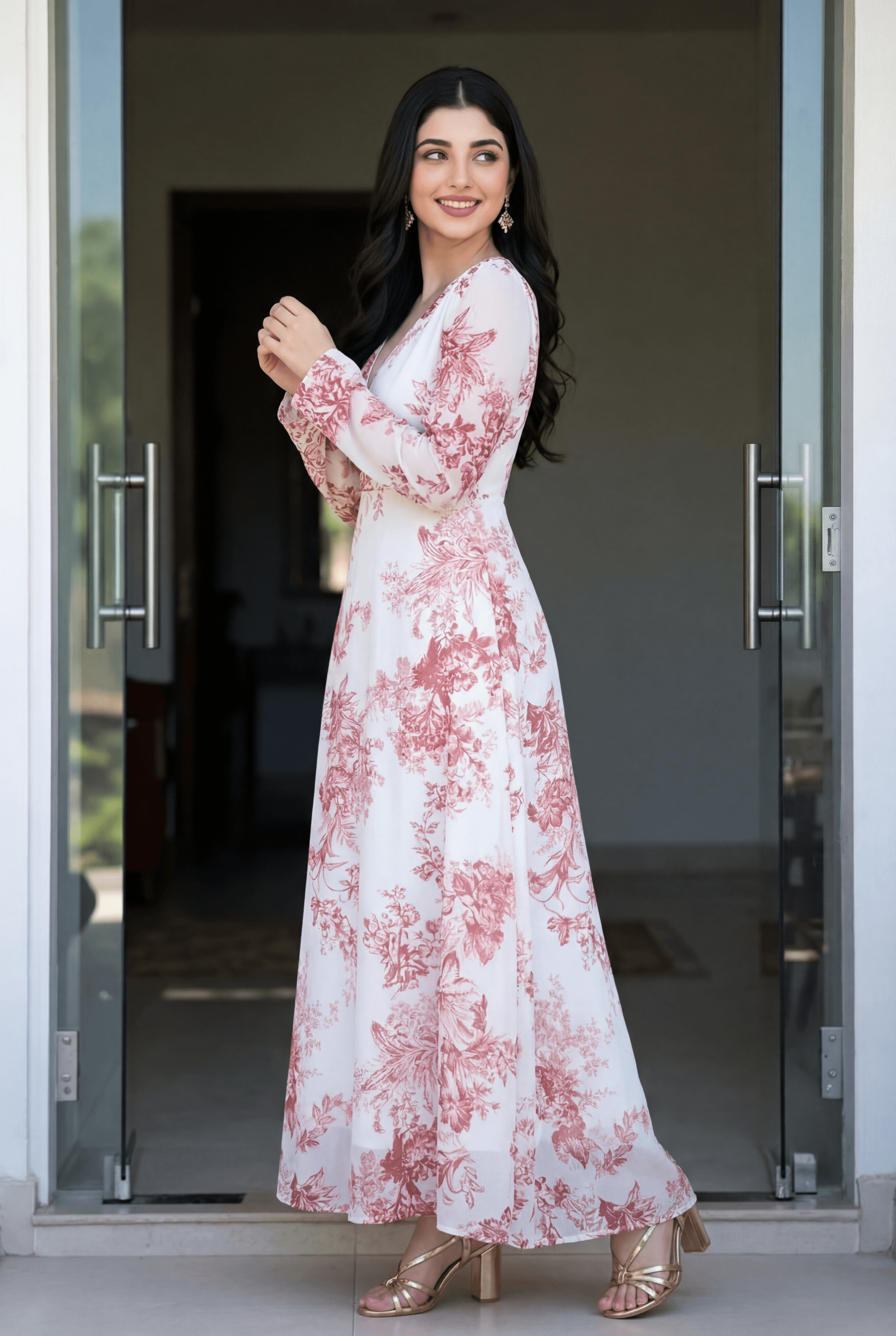 Women  White & Ivory Dress with Dusty Pink Floral Print  Soft  Flowing Fabric with Feminine Silhouette Perfect for Casual Brunch